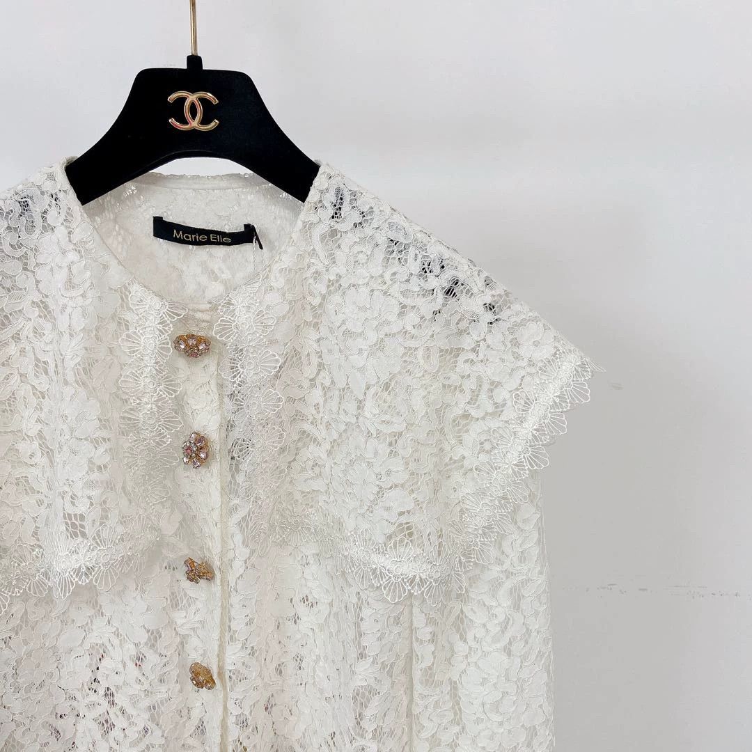 Other Marie Elie White Crystal Button Lace Blouse 40 Size M / US 6-8 / IT 42-44 - 3 Thumbnail