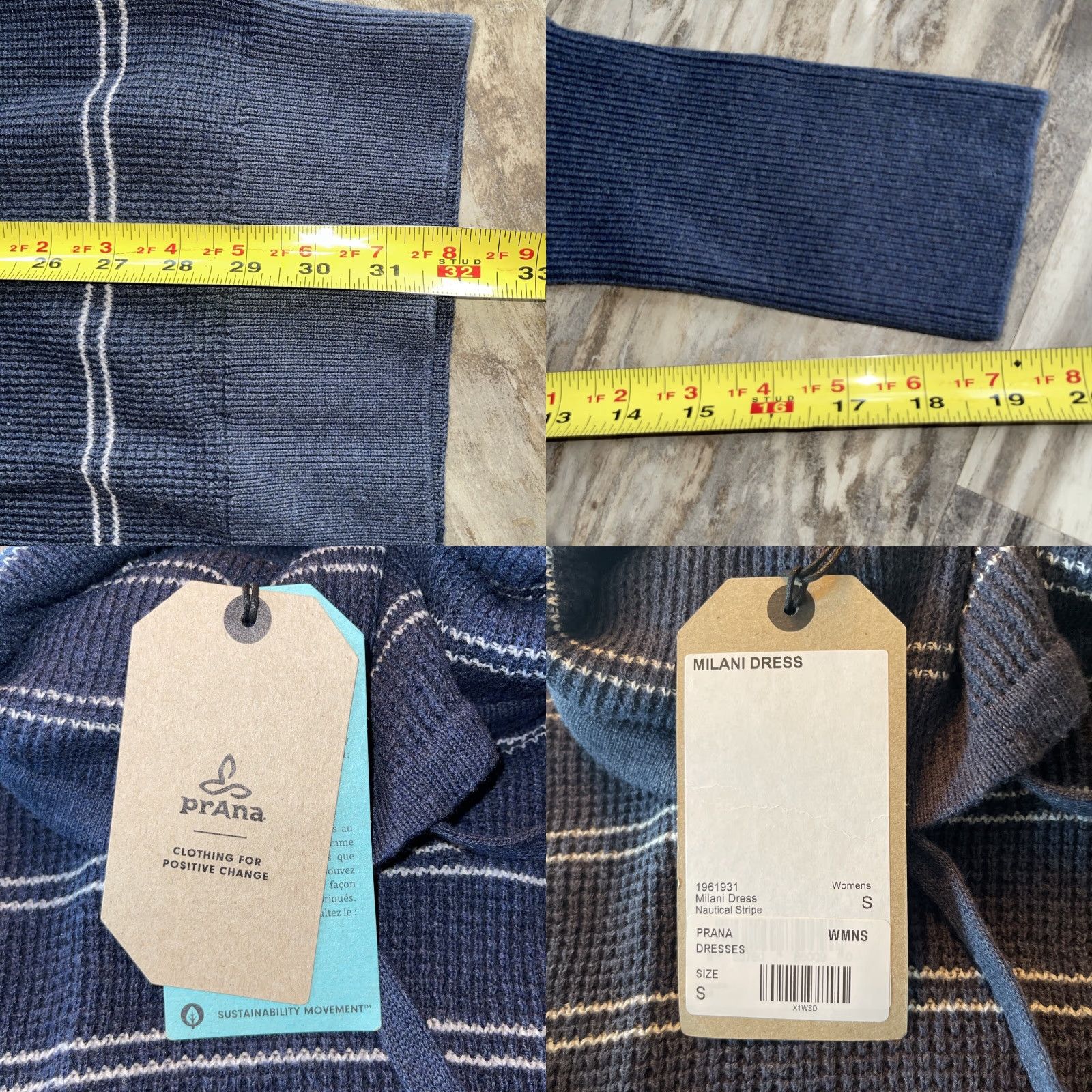 Prana prAna Milani Dress Nautical Stripe Womens S Blue Knit Striped Long Sleeve Knee Length Cowl Neck Sweater Dress Size S / US 4 / IT 40 - 8 Thumbnail