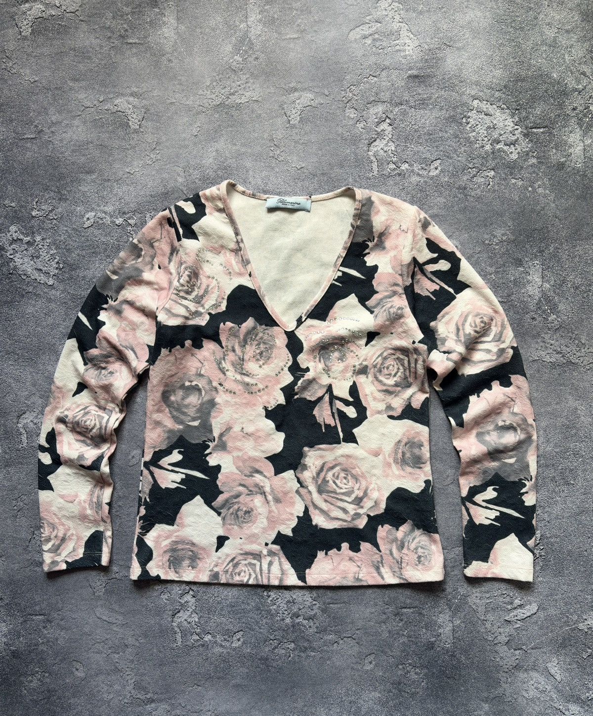 Blumarine Blumarine Floral Rose Rhinestones V-Neck Long Sleeve Top Size L / US 10 / IT 46 - 1 Thumbnail