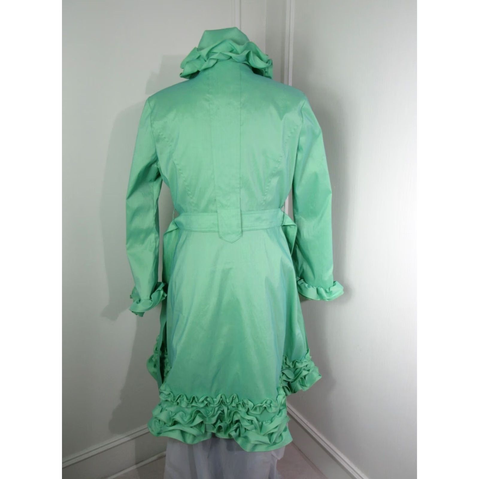 Vintage VINTAGE Samuel Dong Mint Green Ruffled Nylon Taffeta Belted Dress Coat - Medium Size M / US 6-8 / IT 42-44 - 5 Thumbnail