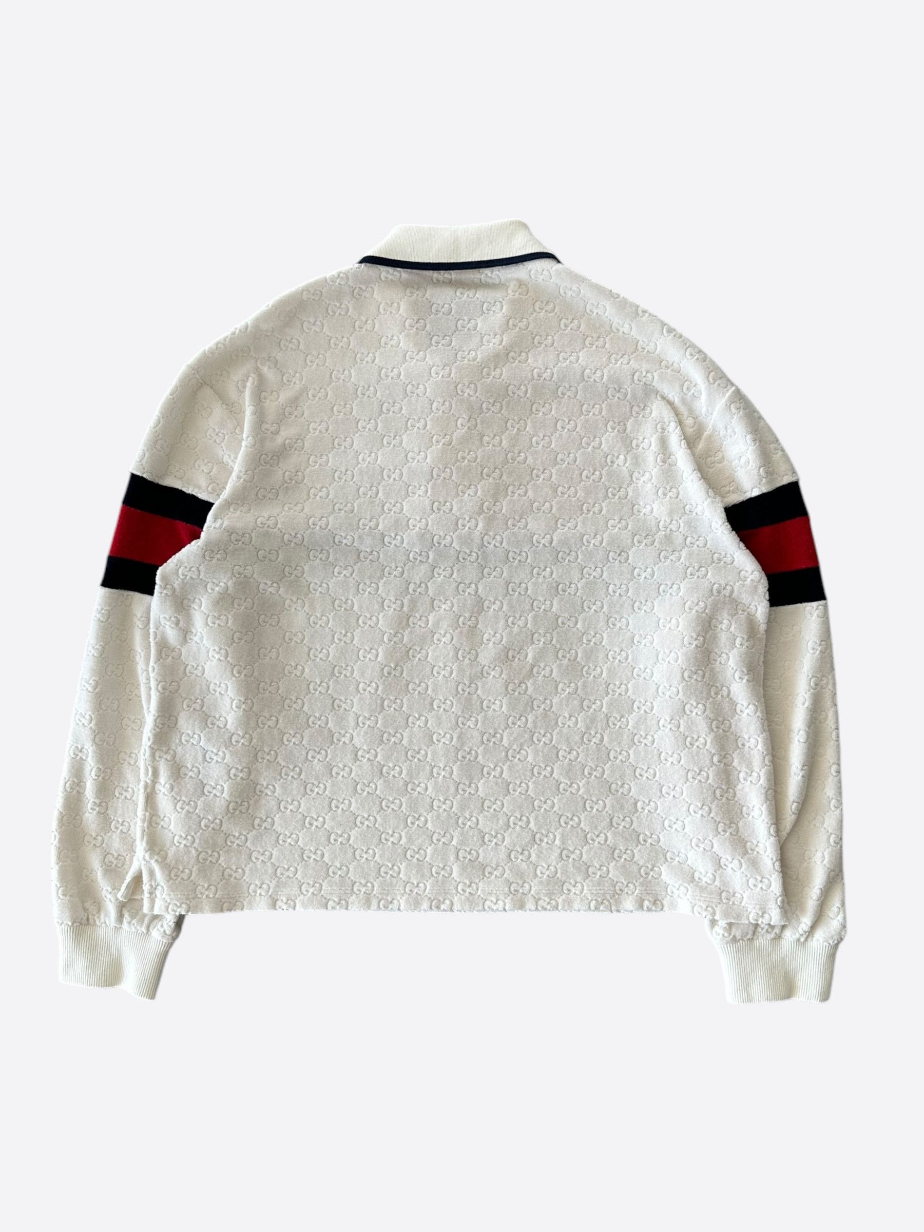 Gucci White GG Monogram Striped Terry Cloth Longsleeve Polo Shirt Size US XXL / EU 58 / 5 - 2 Thumbnail