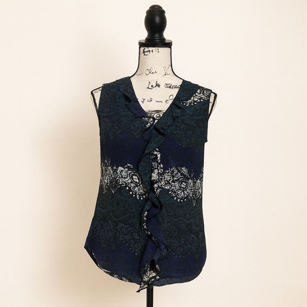 Other Larry Levine Blue Abstract Ruffle Sleeveless Blouse | Size S Size S / US 4 / IT 40 - 1 Thumbnail