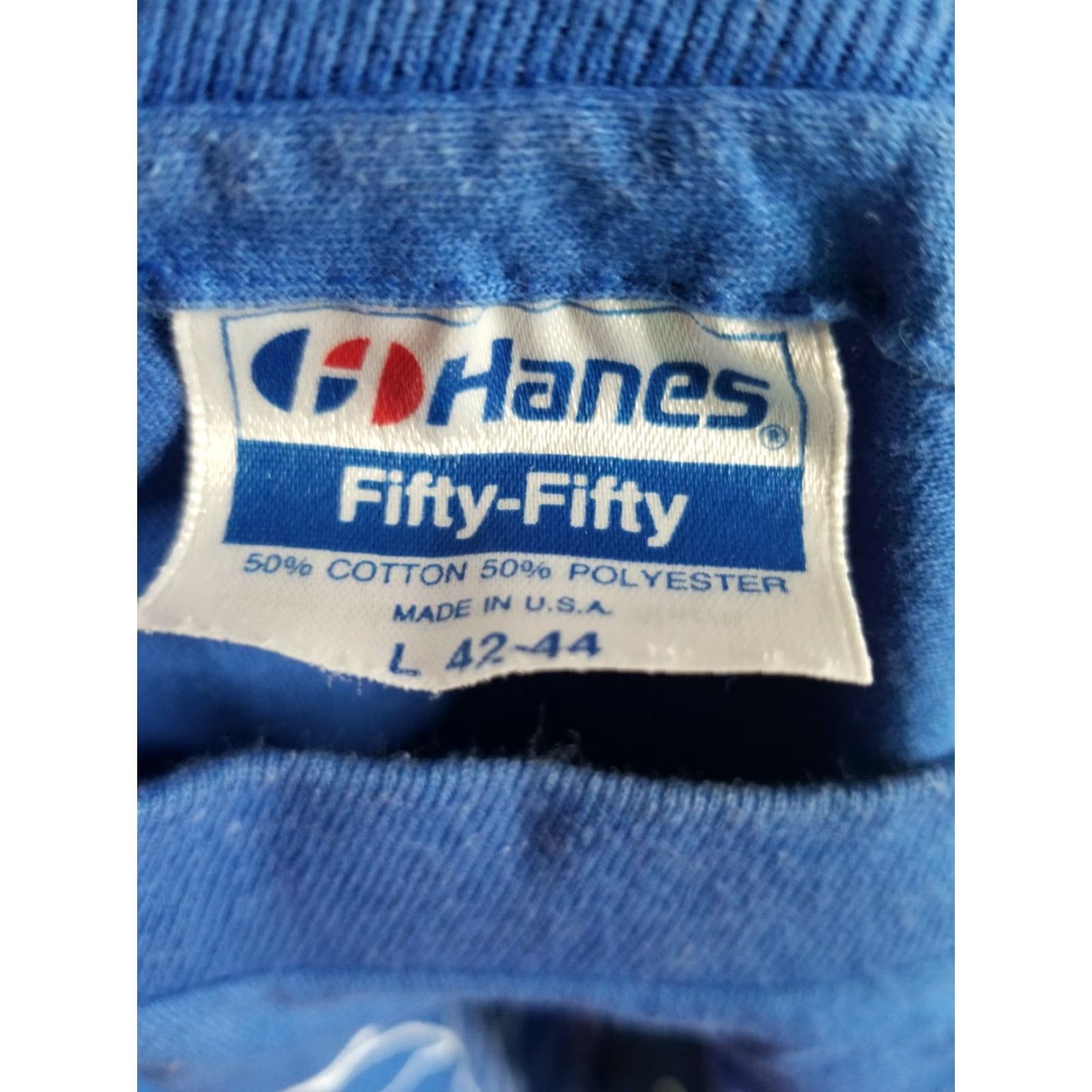 Hanes VTG 90s Mens L T Shirt Hanes Crew Neck Short Sleeve Blue Cotton Knit Graphic Print Stitch 80s 90s Size US L / EU 52-54 / 3 - 4 Thumbnail