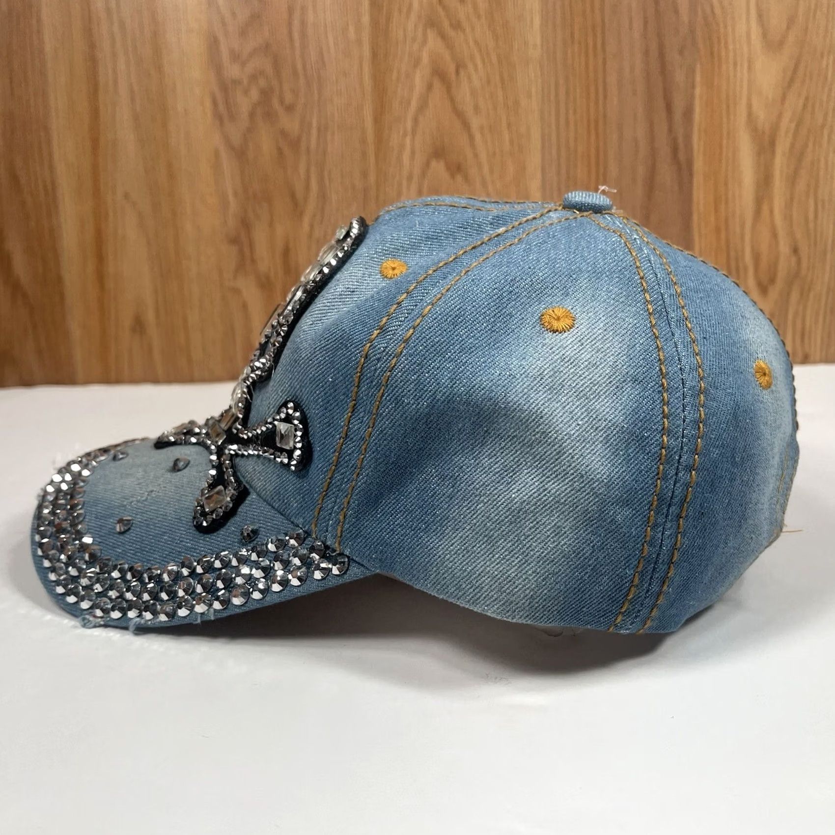 Denime CSI Denim Leather Adjustable StrapBack Hat Cap Woman Rhinestone Skull Blue Shirt? Size ONE SIZE - 4 Thumbnail