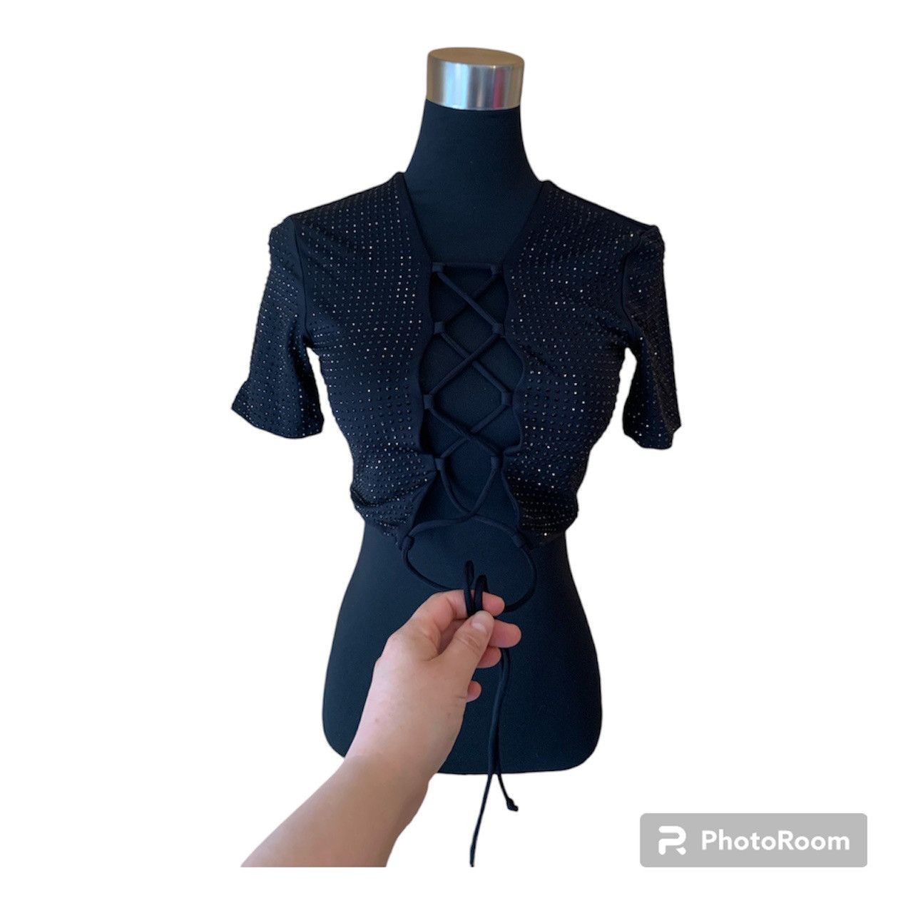 Vintage Y2K Hand Beaded Black Gemstone Crop Top with Ties Size M / US 6-8 / IT 42-44 - 7 Thumbnail