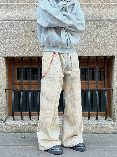 VIBE Painted Print Baggy Wide Leg Jeans Size US 33 - 1 Thumbnail