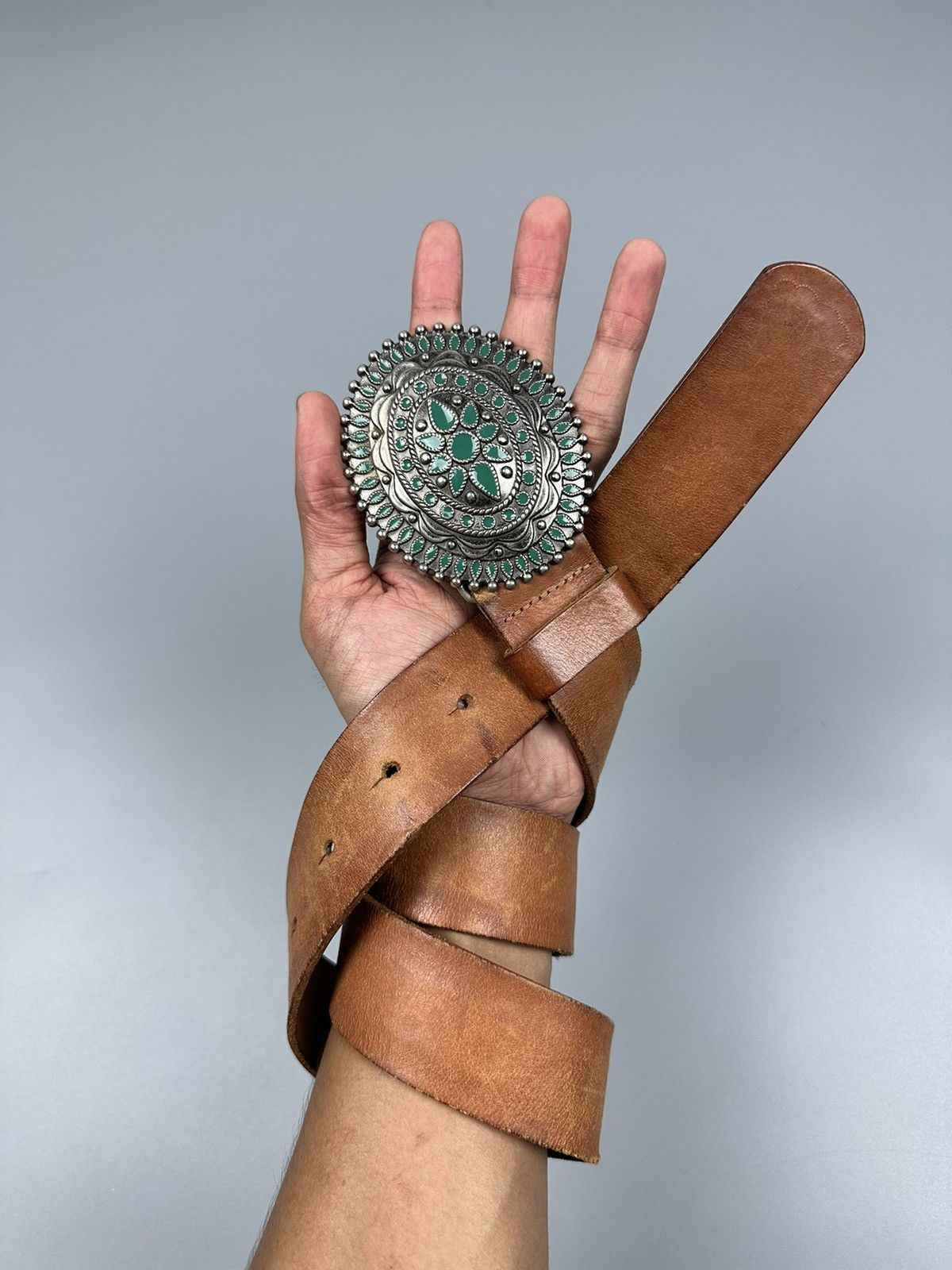 Designer × Genuine Leather Vintage Leather Craft Native Belts Size 32 - 1 Thumbnail