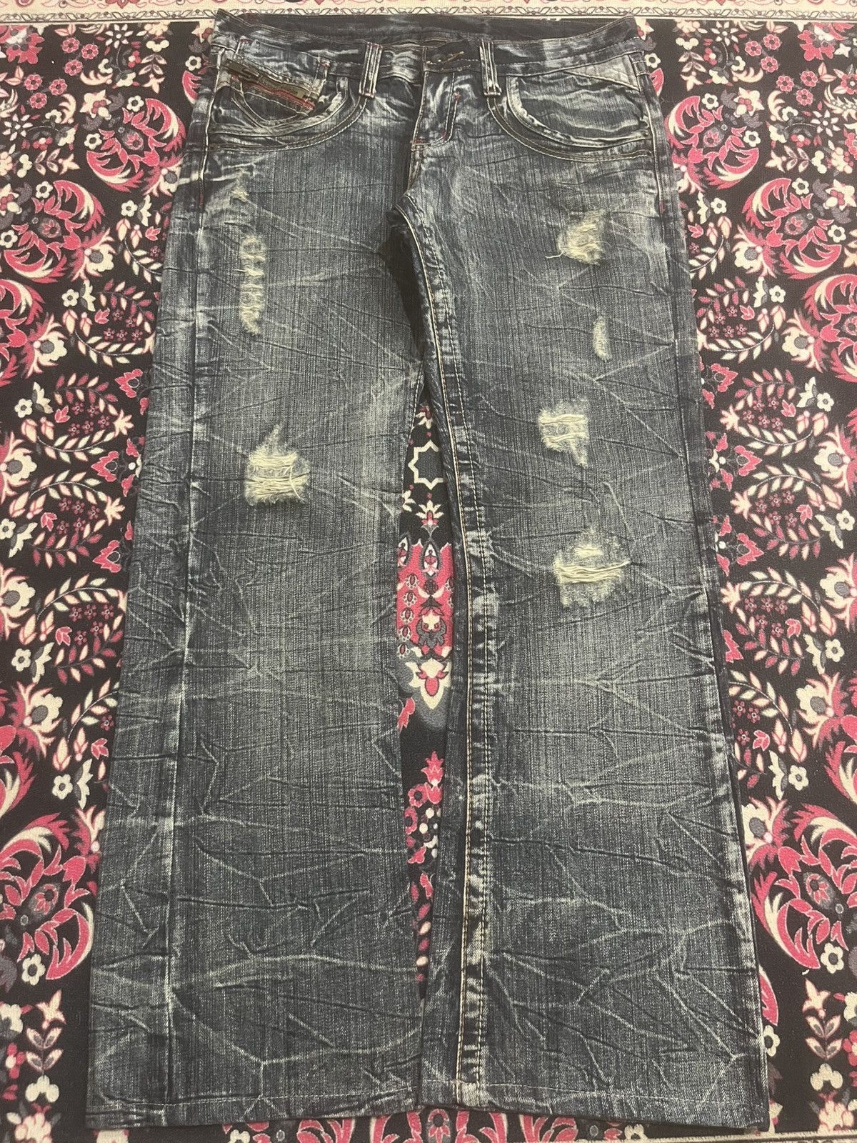 semanticdesign Japan Semantic Design Dark Washed Cracked Fringe Flare Jeans Size US 32 / EU 48 - 1 Thumbnail