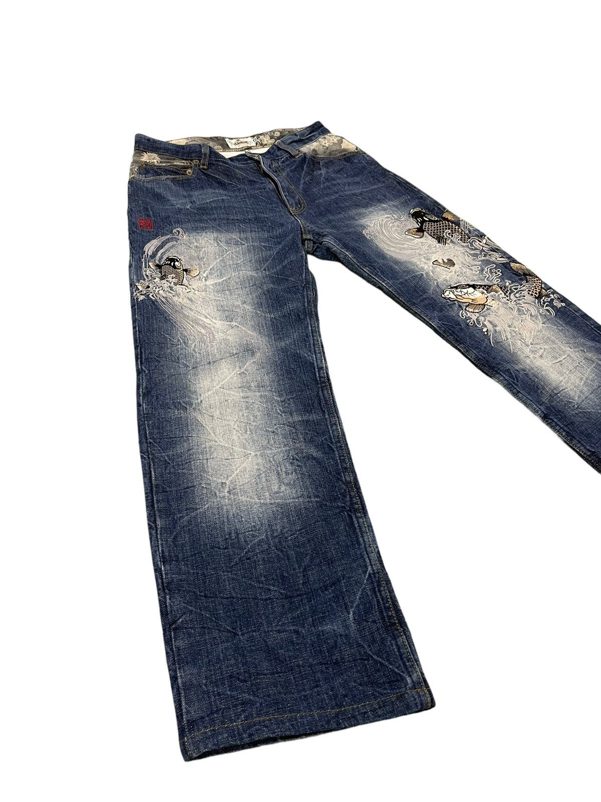 Japanese Brand Embroidery Jeans Kara Kuri Tamashi Koi Fish Regular Fit 6🟦6 Size US 31 - 2 Thumbnail
