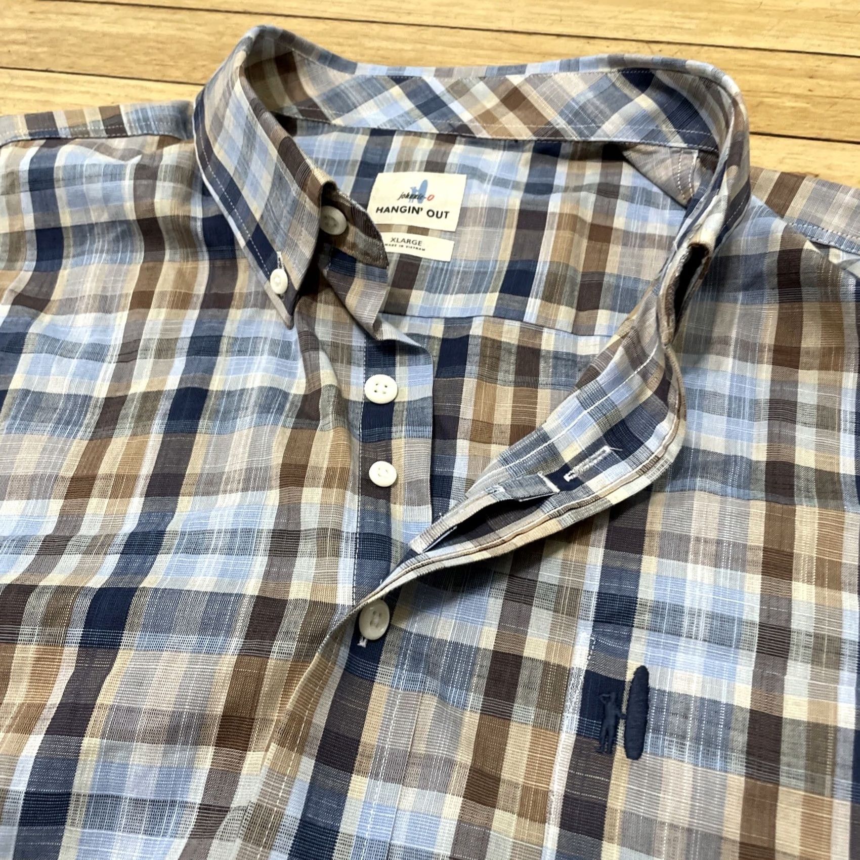 johnnie-O JOHNNIE-O Button Shirt Men XL Hangin' OUT Blue Brown Plaid Surfer Johnnie-O XL Shirt Size US XL / EU 56 / 4 - 6 Thumbnail