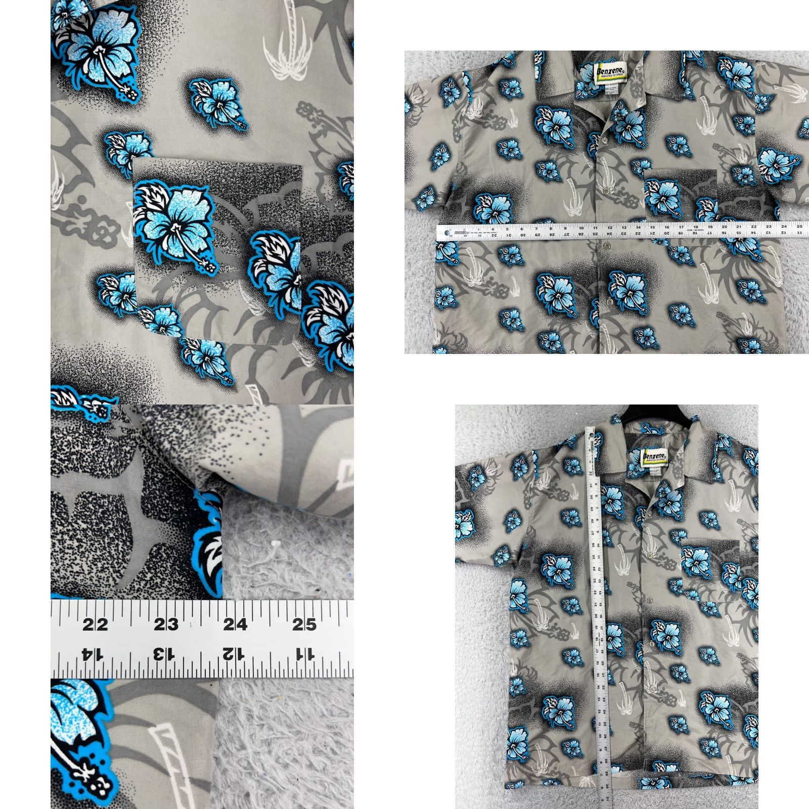 Vintage Benzene Mens Button-Up Shirt Hawaiian Floral Gray Palm Tree Aloha Beach Vacation 40 in Chest - Holiday/All Seasons Size US L / EU 52-54 / 3 - 8 Thumbnail