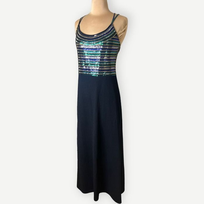 90’s Sleeveless Black Shimmer Beaded High Neck Maxi Dress by St. John Couture
