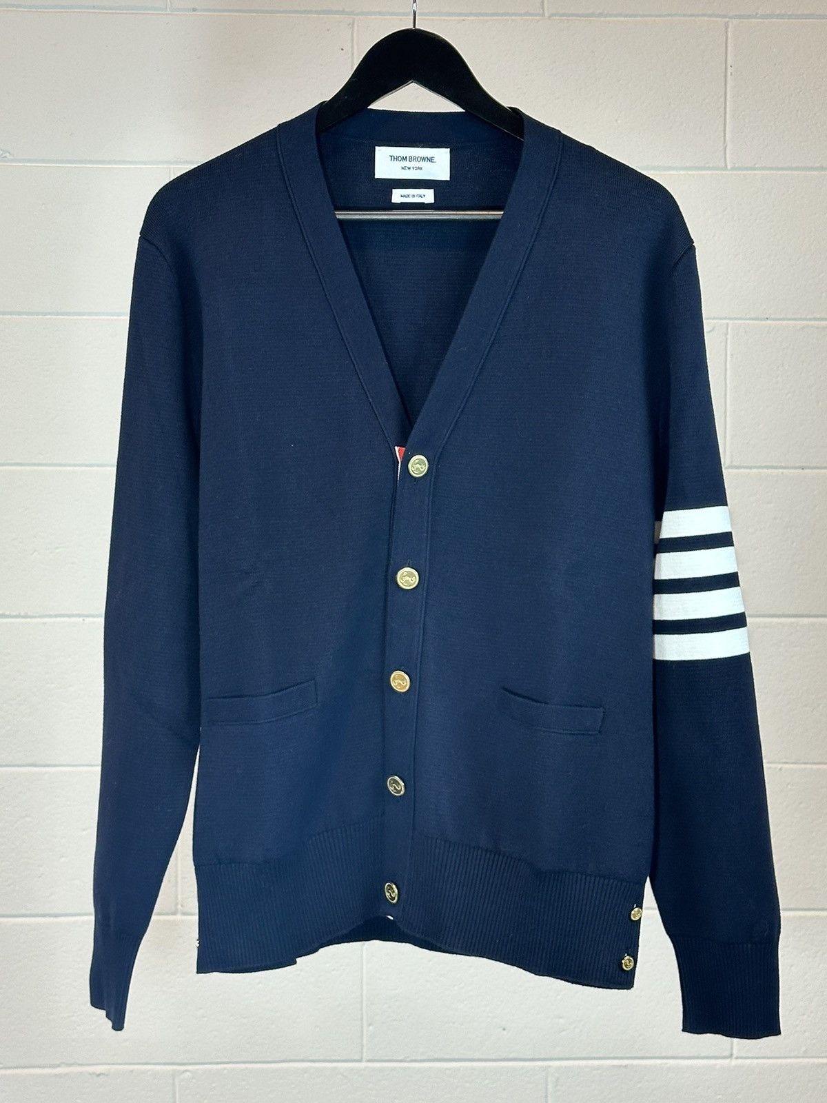 image of Thom Browne V Neck Cardigan. Size XL in Navy, Men's