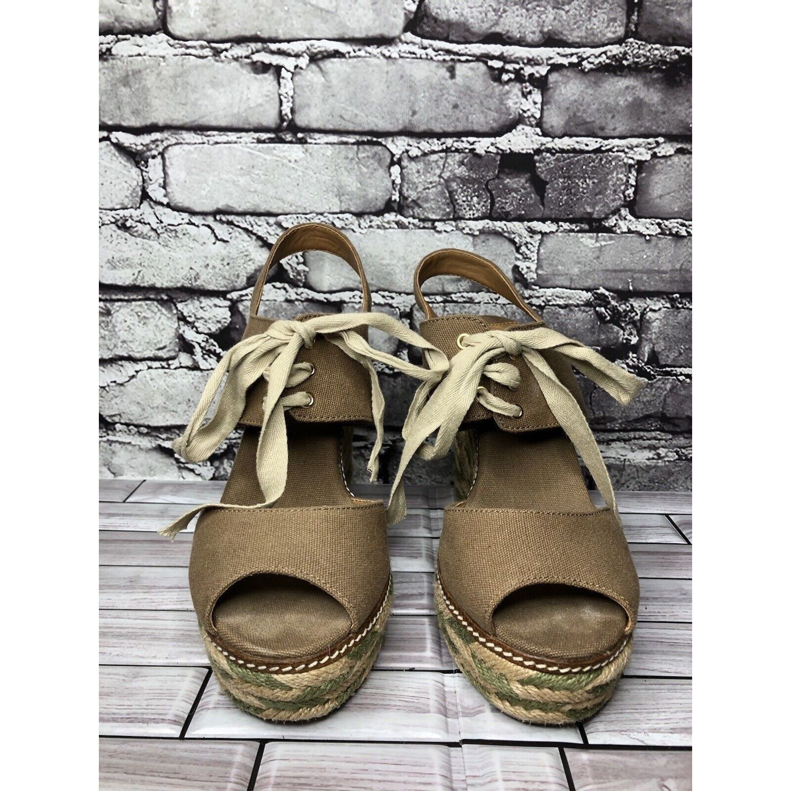 Tory Burch Tory Burch Taupe Canvas Textile Green Tan Espadrilles Wedge Size US 10 / IT 40 - 8 Thumbnail