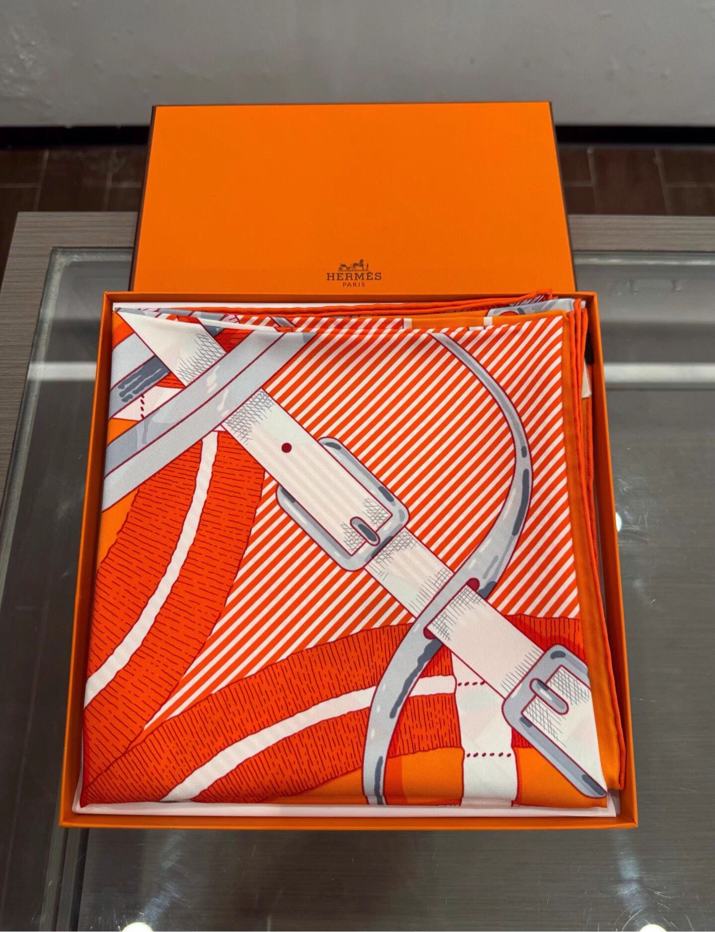 Hermes Hermes Horse Bit Lock Print Silk Scarf Orange 90cm Size ONE SIZE - 2 Thumbnail