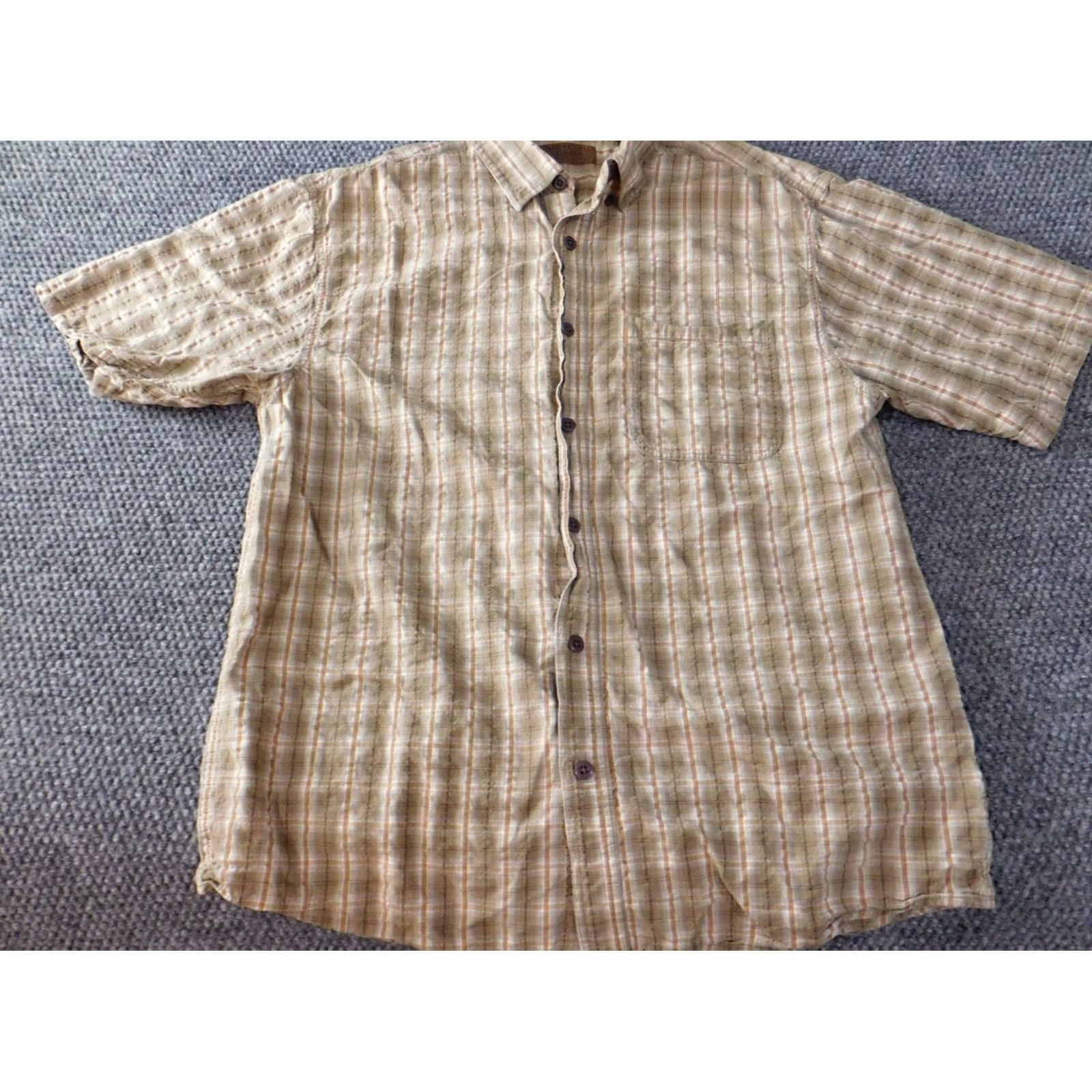 Vintage Morgan Creek Shirt Mens Medium Beige Plaid Button-Up Casual Short Sleeve Collared Knit Cotton Logo Pockets Classic Regular American Size M Size US M / EU 48-50 / 2 - 3 Thumbnail