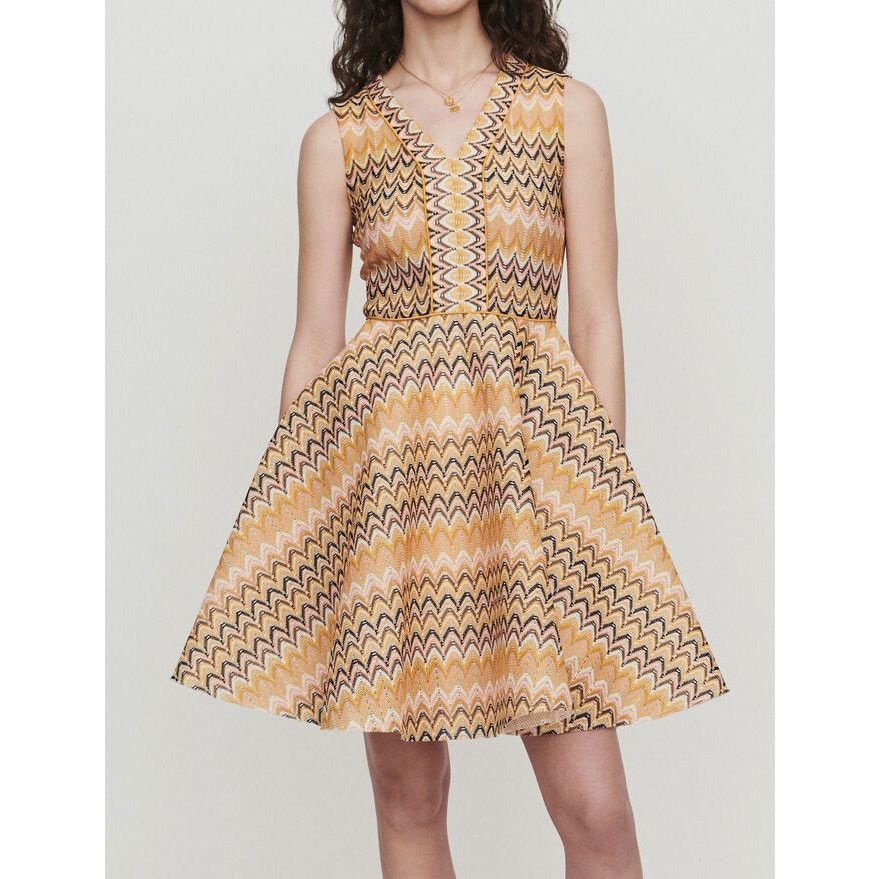 image of Maje Reinetta Chevron Sleeveless Fit And Flare Guipure Dress in Gold, Women's (Size Medium)