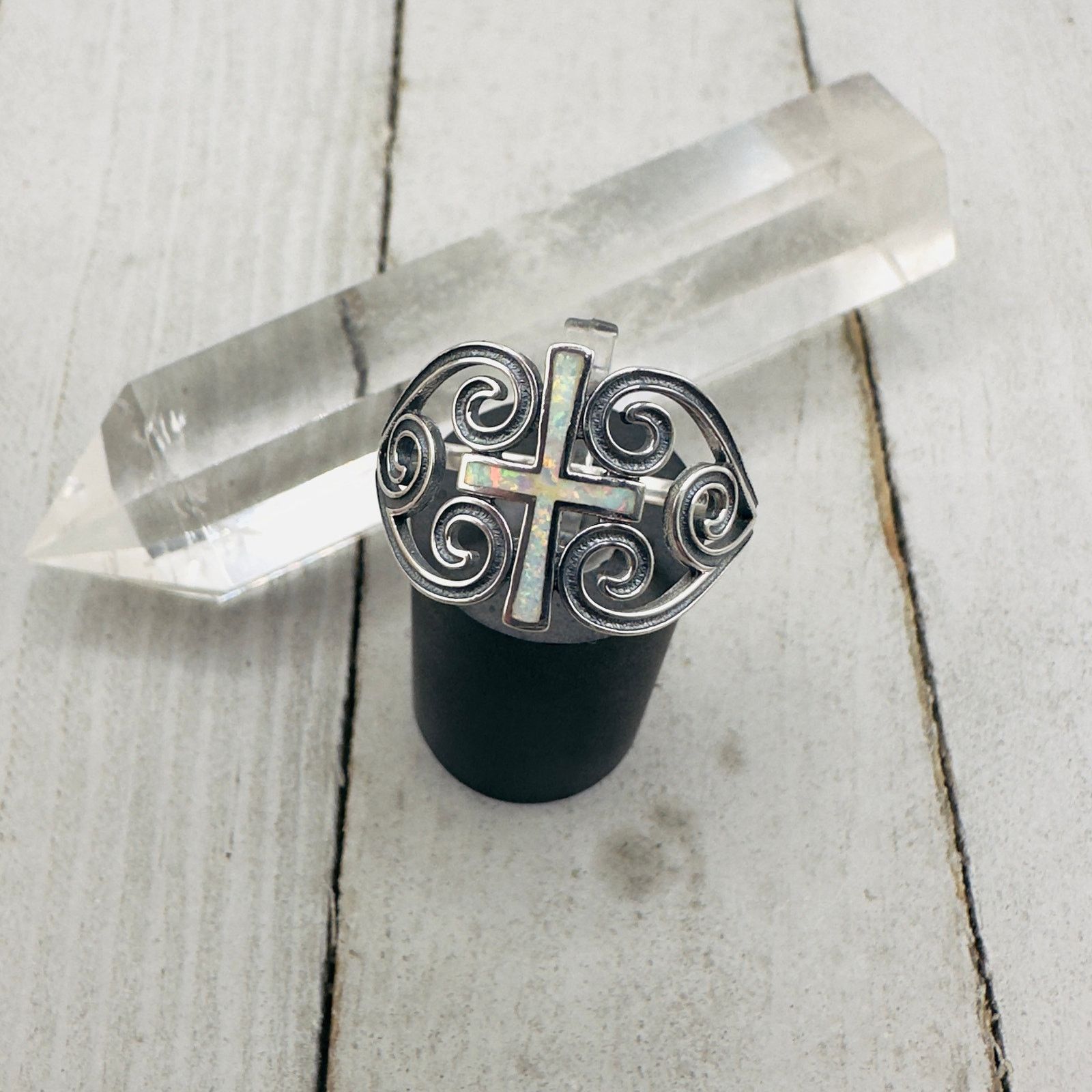 The Unbranded Brand Lab Opal Cross Sterling Silver Ring Size ONE SIZE - 3 Thumbnail