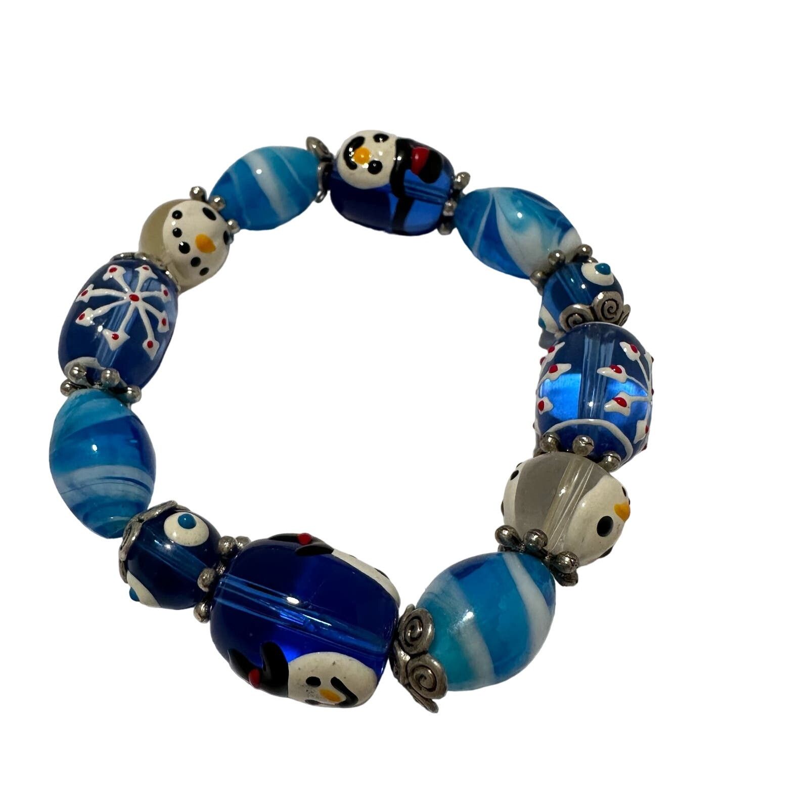 Handmade Christmas Glass Beads Stretch Bracelet Snowman Holiday Size ONE SIZE - 3 Thumbnail