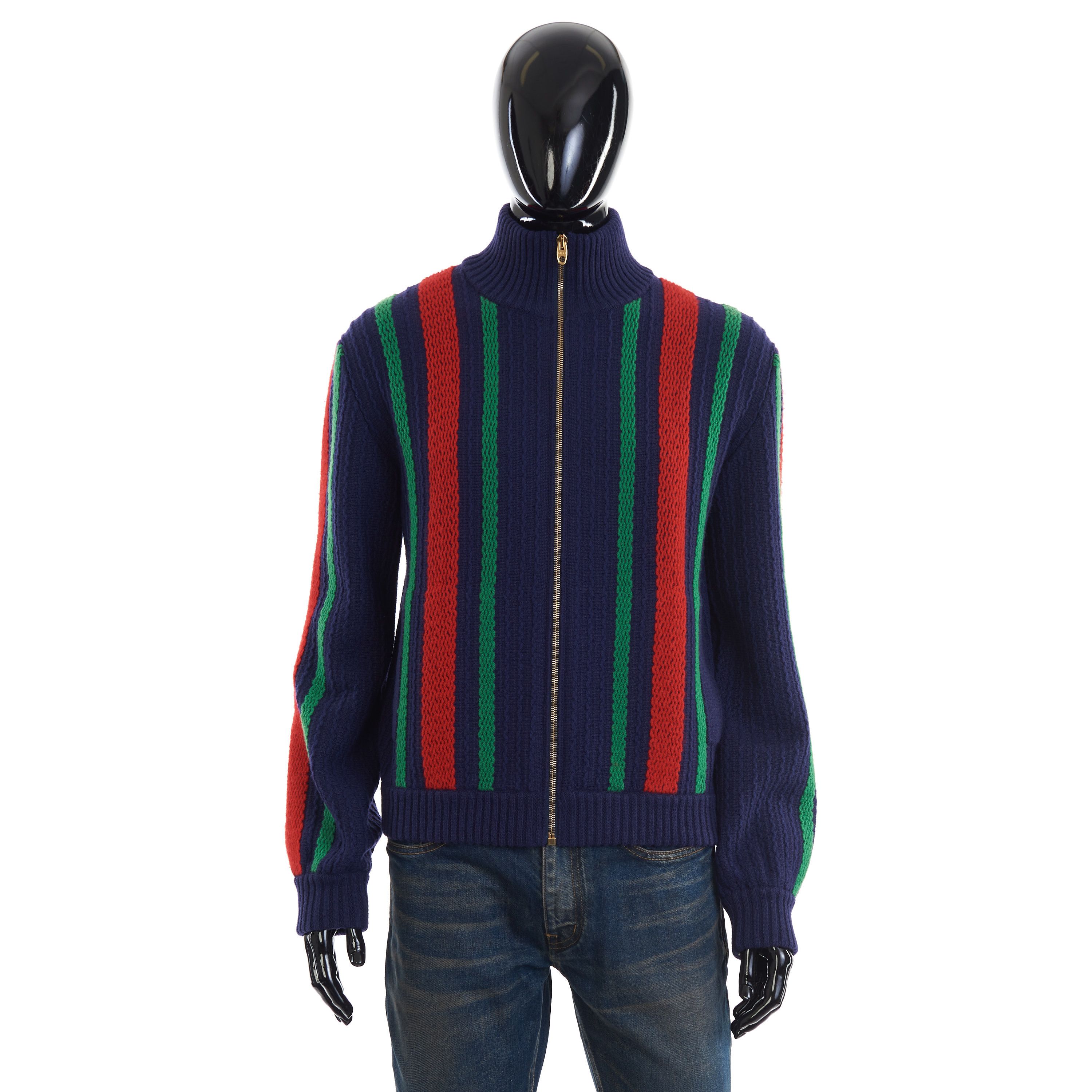 image of Gucci Dark Blue Knit Wool Bomber With Vertical Web, Men's (Size Small)