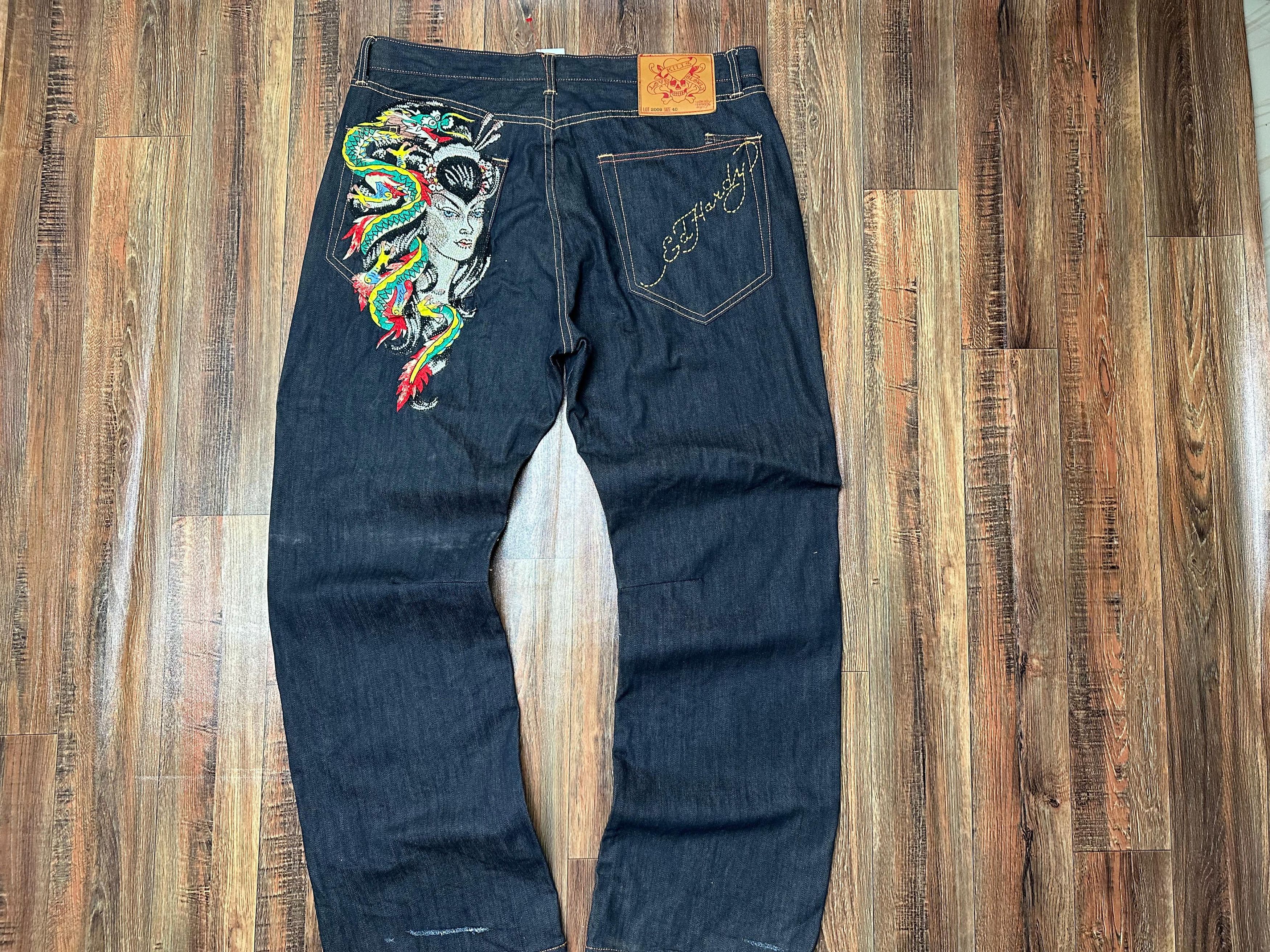 Christian Audigier × Ed Hardy × Vintage ED HARDY JEAN'S GORGEOUS DRAGON LADY ON THE BACK OF 40×34 Size US 40 / EU 56 - 1 Thumbnail