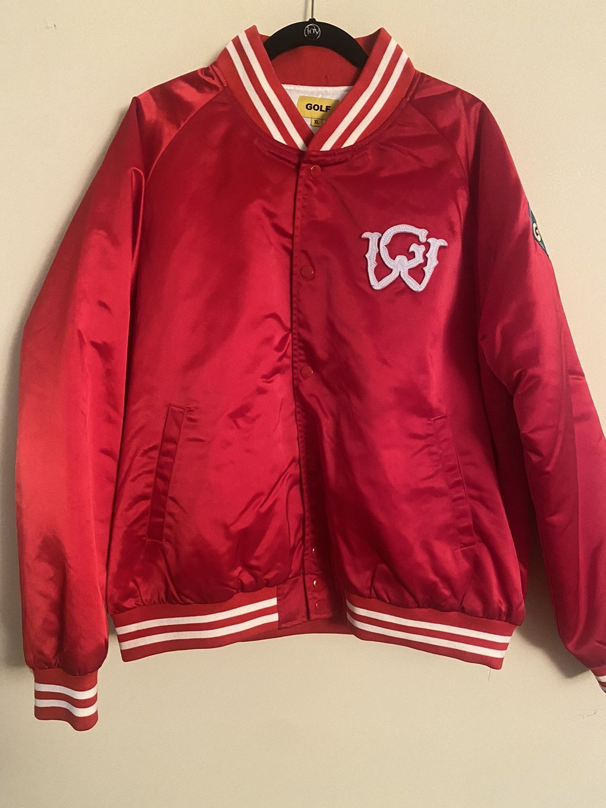 image of Golf Wang Red Satin Baseball Bomber Jacket, Men's (Size XL)