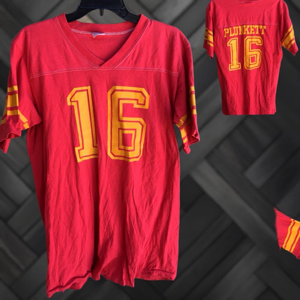 Vintage VINTAGE Plunkett 16 T-Shirt Football Jersey Style Fun-Tees Sportswear XL Red Mens 1970s Graphic Tee Sportswear/Beach Size US XL / EU 56 / 4 - 1 Thumbnail