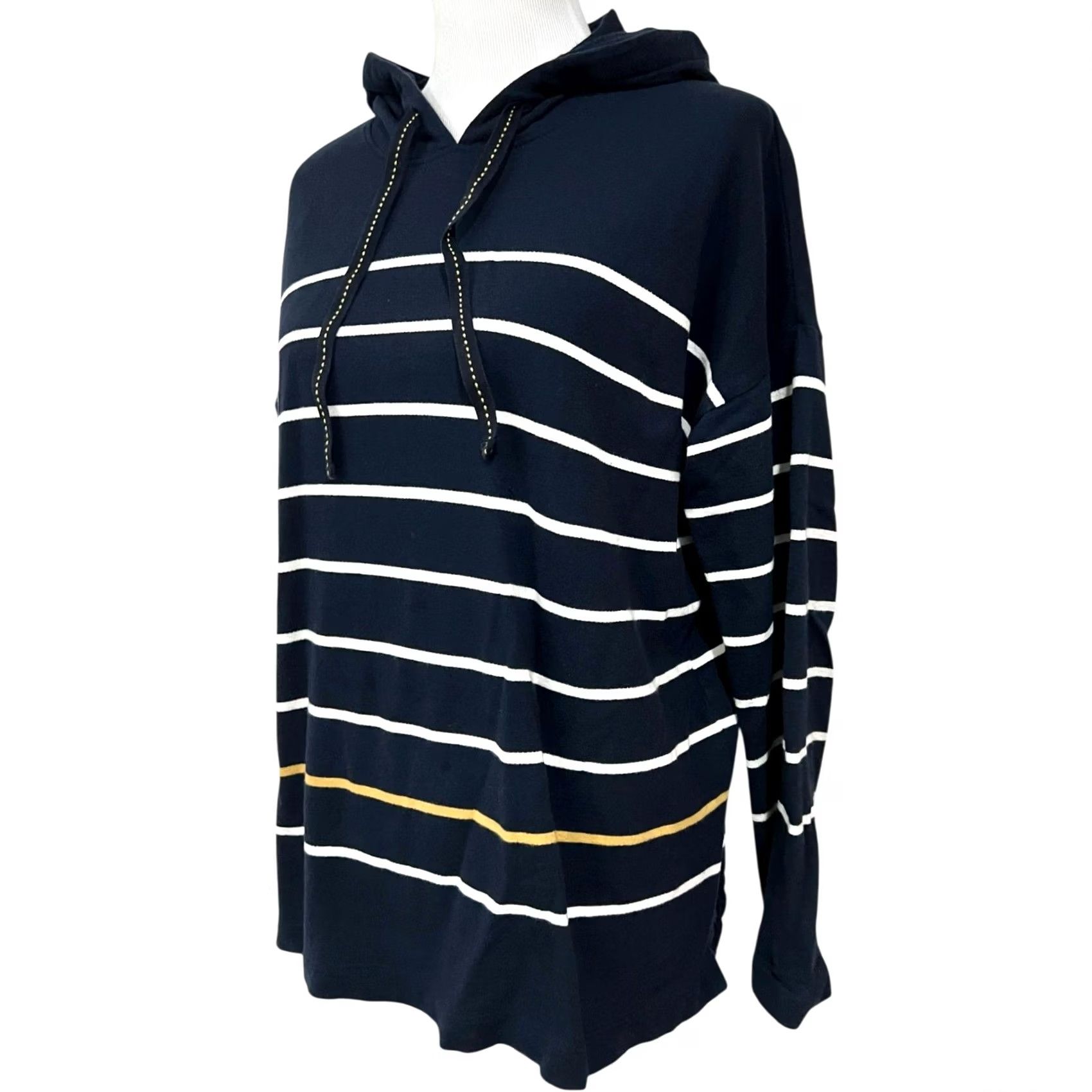 J. Jill J. Jill Hoodie Women’s M Striped Navy Blue Drawstring Cotton Pullover Knit Relaxed Fit Pullover Hoodie Womens M Navy Striped Cotton Hoodie Size M / US 6-8 / IT 42-44 - 3 Thumbnail