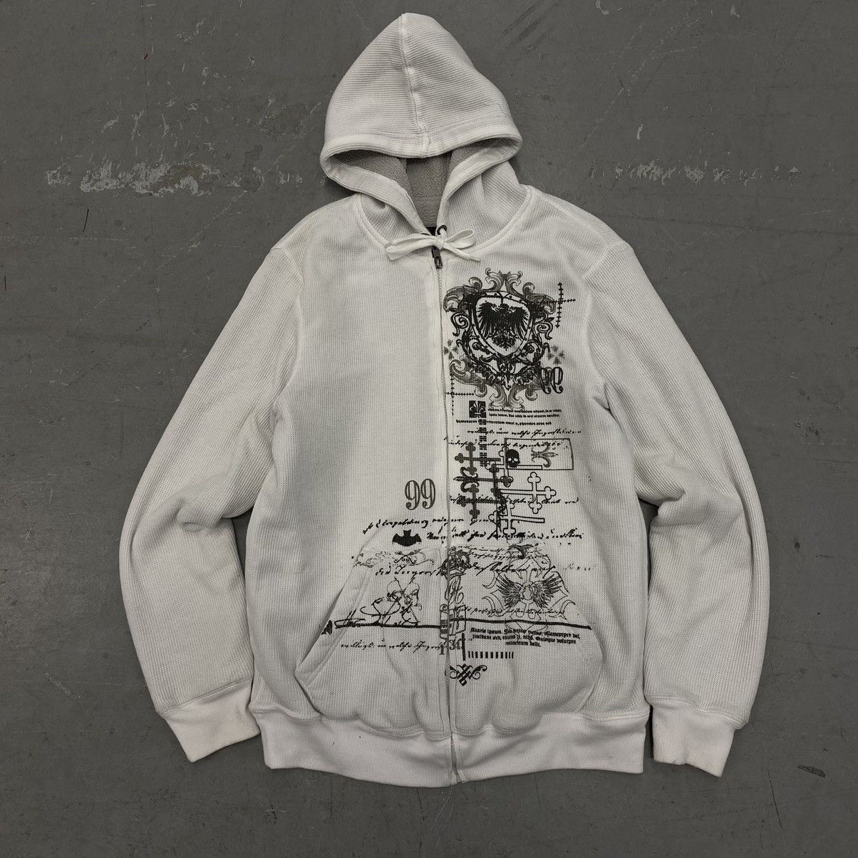 Affliction × Japanese Brand × Vintage Vtg Y2K Baggy Waffle Thermal Hoodie Gothic Big Print Grunge Size US M / EU 48-50 / 2 - 1 Thumbnail