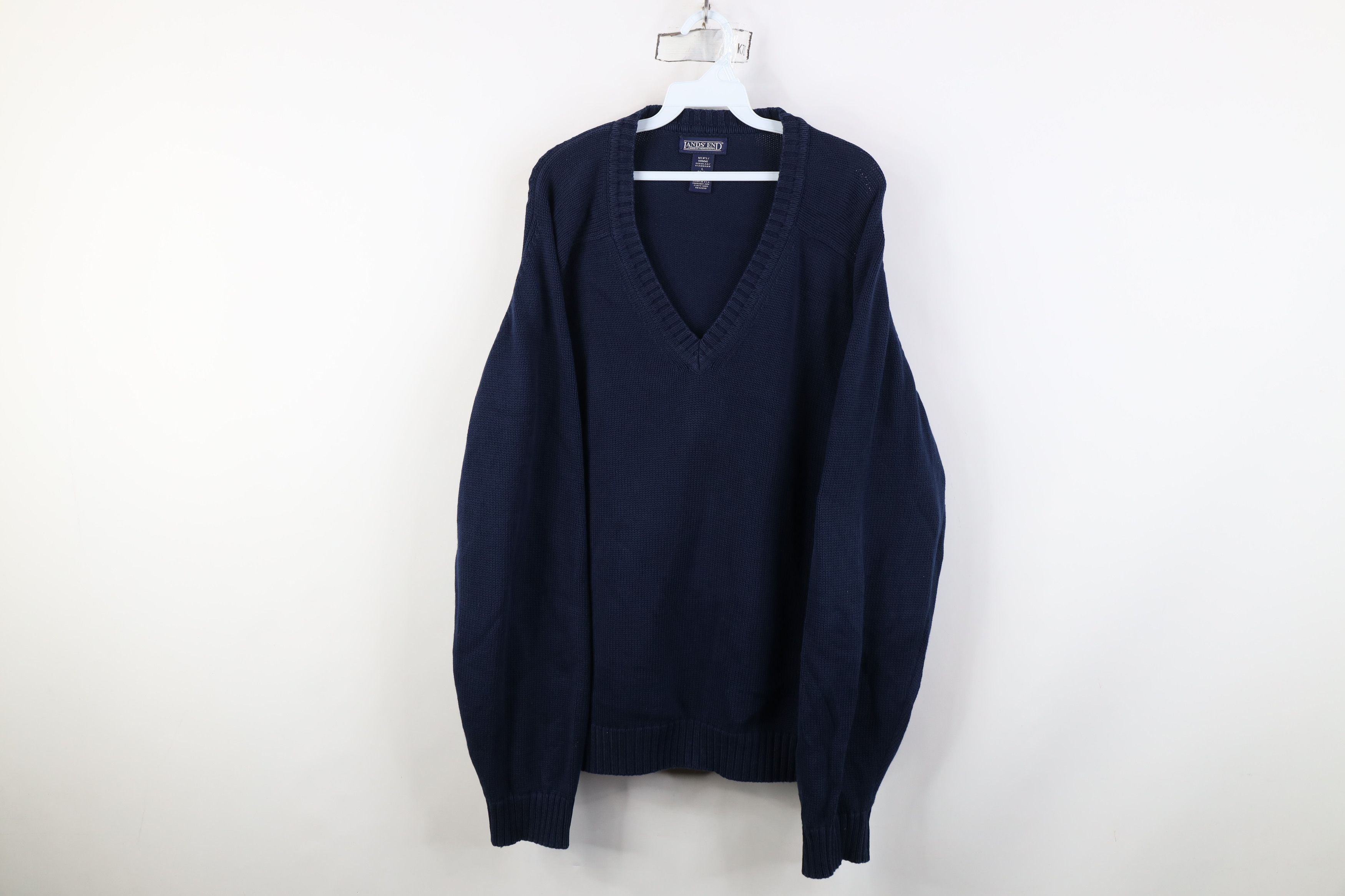 Lands' End Vintage 90s Lands End Ribbed Knit V-Neck Sweater Blue USA Size US L / EU 52-54 / 3 - 1 Thumbnail