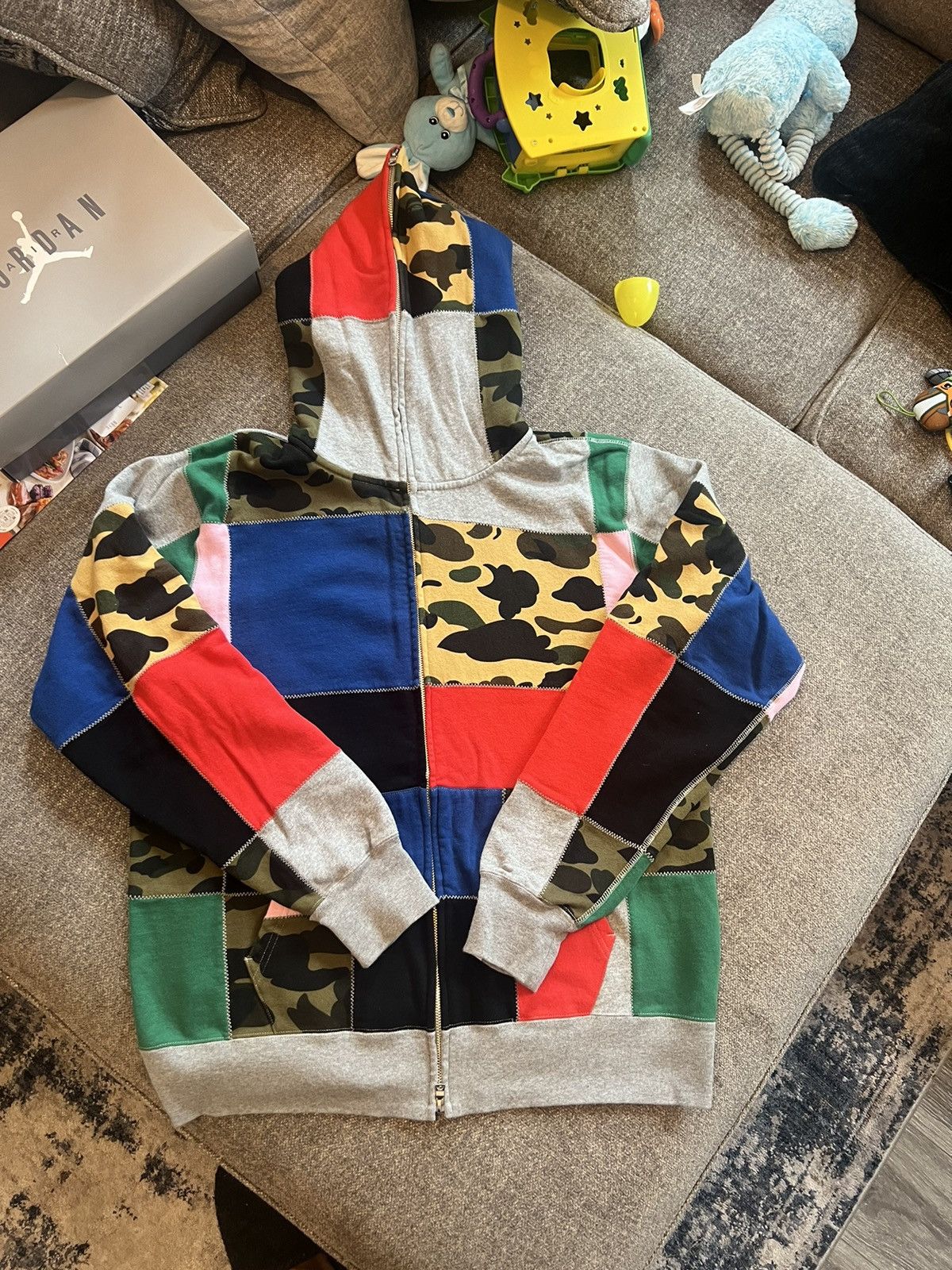 Image of Bape Patchwork Zip Up Hoodie in Grey, Men's (Size 2XL)