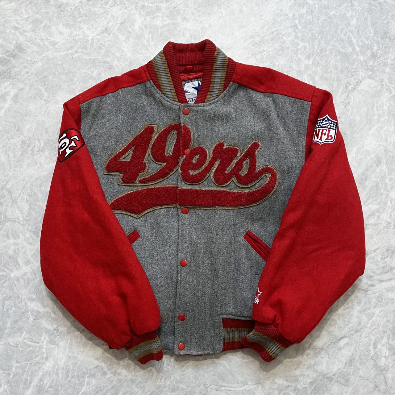 image of Nfl x Starter VTG 90's San Francisco 49Ers Script Logo Bomber Wool Jacket, Men's (Size Small)