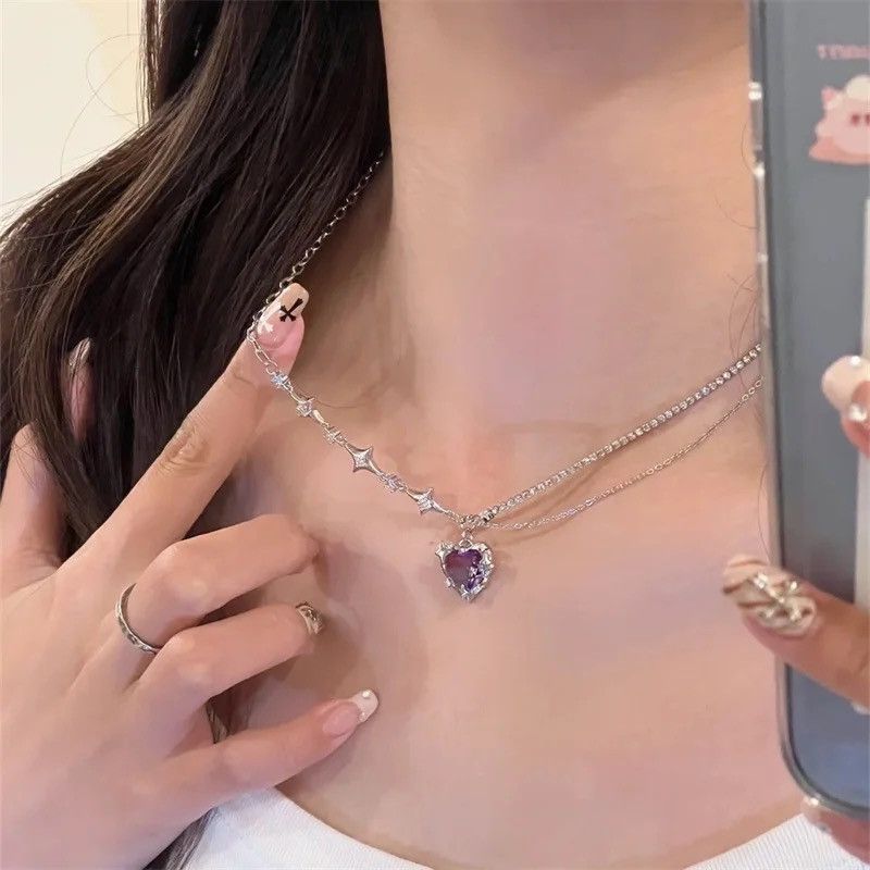 Jewelry Purple Peach Heart Pendant Clavicle Necklace Size ONE SIZE - 4 Thumbnail