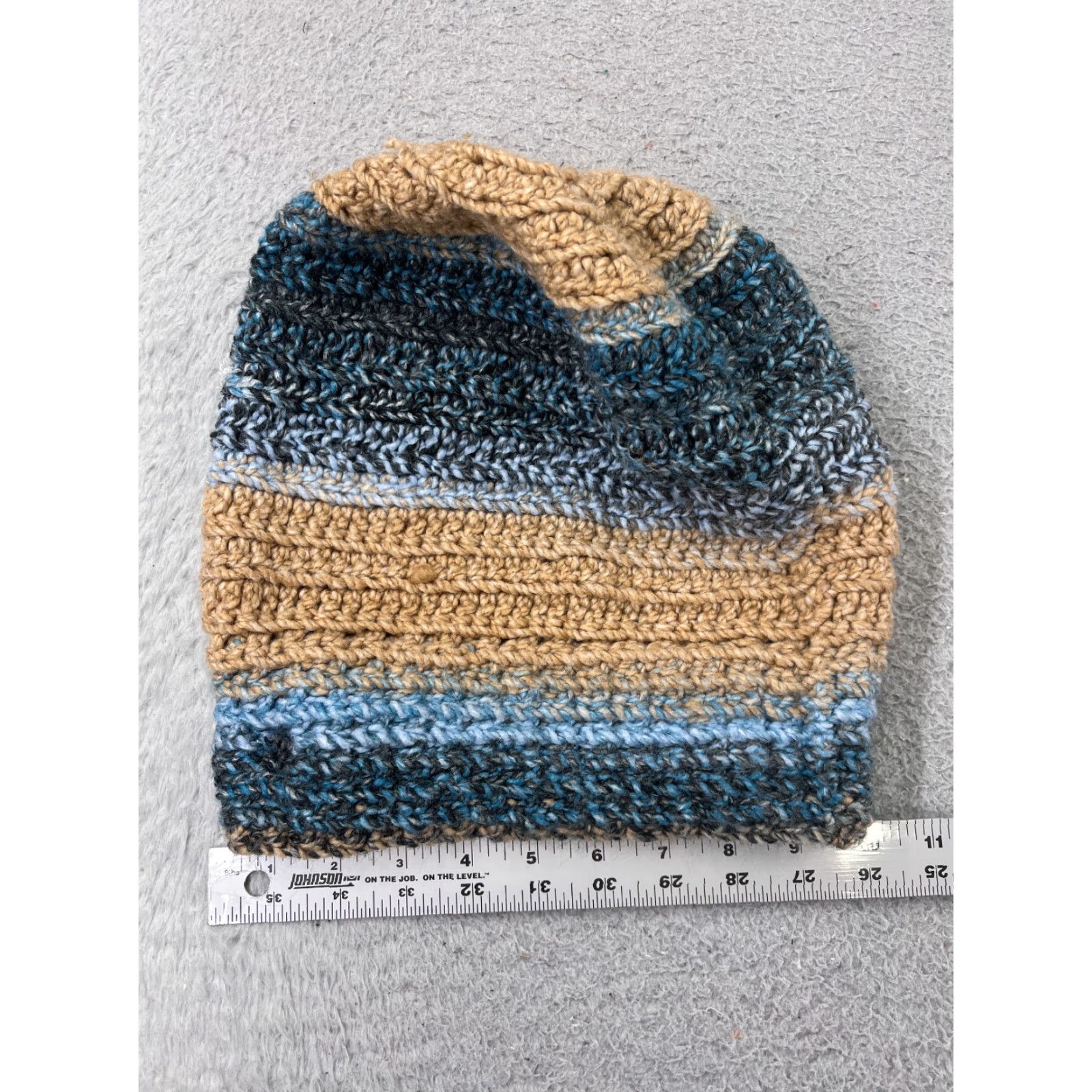 Vintage Handmade Beanie Toque Knit Acrylic Striped Adult One Size Blue Beige Button Hat Mens Women Adults Beanie Size ONE SIZE - 5 Thumbnail