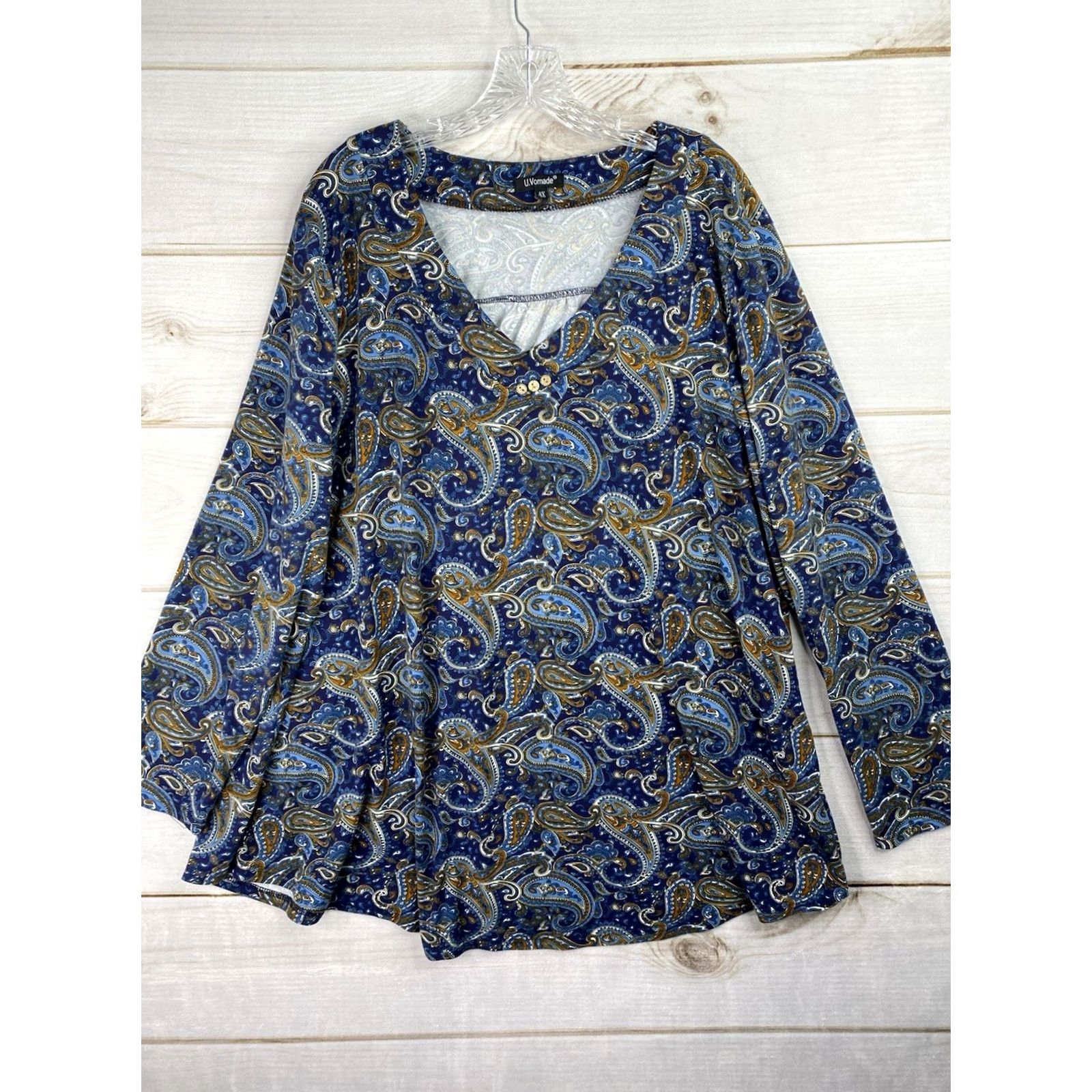 Vintage U. Vomade Tunic Blue Paisley Print Long Sleeve Plus 4X Knit V-Neck Button Stretch Adult Womens Size XXL / US 16-18 / IT 52-54 - 2 Thumbnail