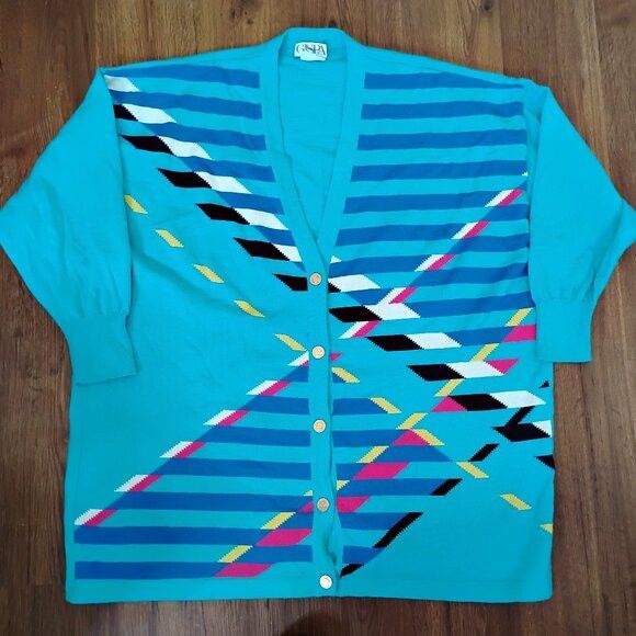 Other Vintage GISPA Geometric Abstract Stripes Cardigan Sweater Size XL / US 12-14 / IT 48-50 - 2 Thumbnail