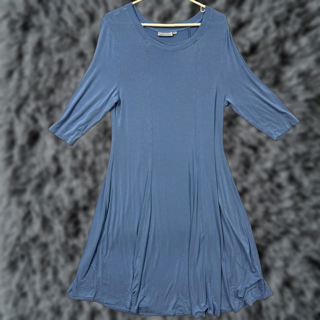 Vintage CW Classics Dress XL Blue Midi Trapeze Swing Jersey Round Neck 3/4 Sleeve Women Casual Lightweight Stretch Size XL / US 12-14 / IT 48-50 - 1 Thumbnail