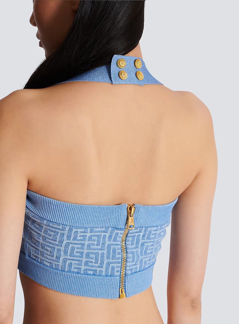 Balmain o1s1wg111225 Knit Halterneck Top With Monogram in Blue Size XL / US 12-14 / IT 48-50 - 6 Thumbnail