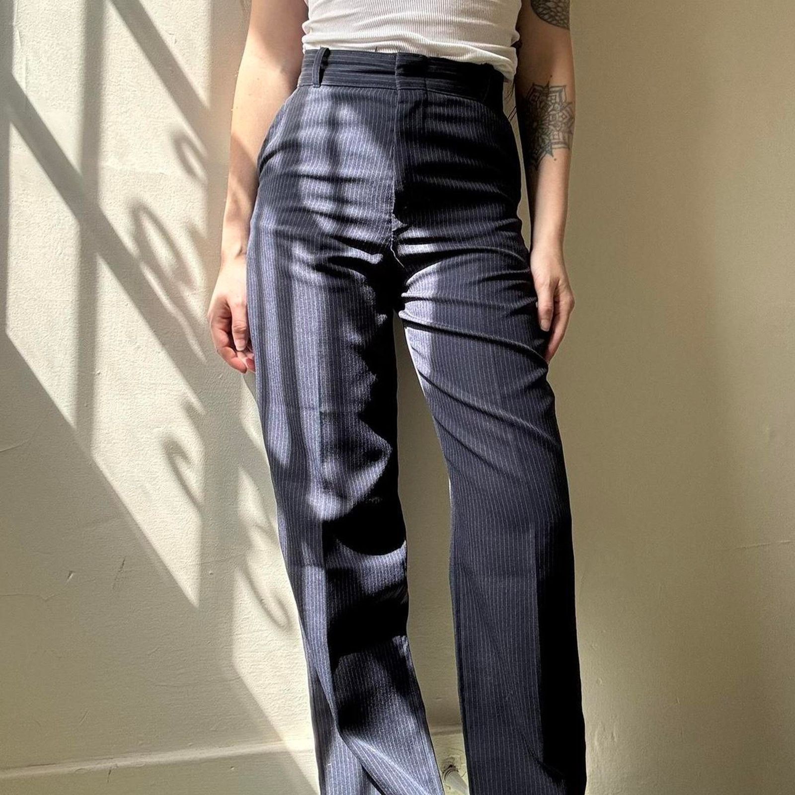 Other Vintage Handmade Navy Pinstripe Dress Pant Trouser Petite Size 22" - 2 Thumbnail