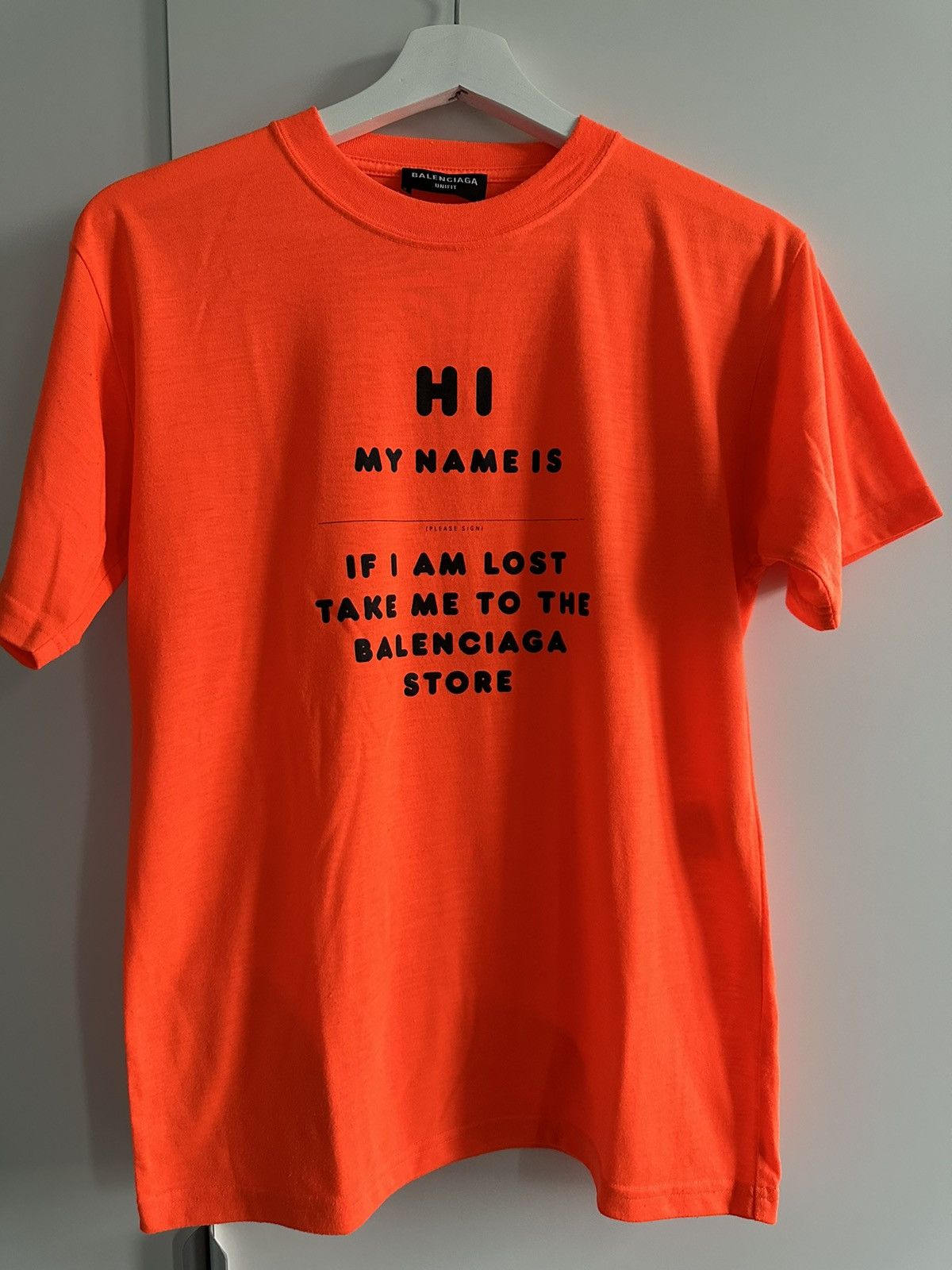 image of Balenciaga Hi My Name Is Shirt in Orange, Men's (Size Small)