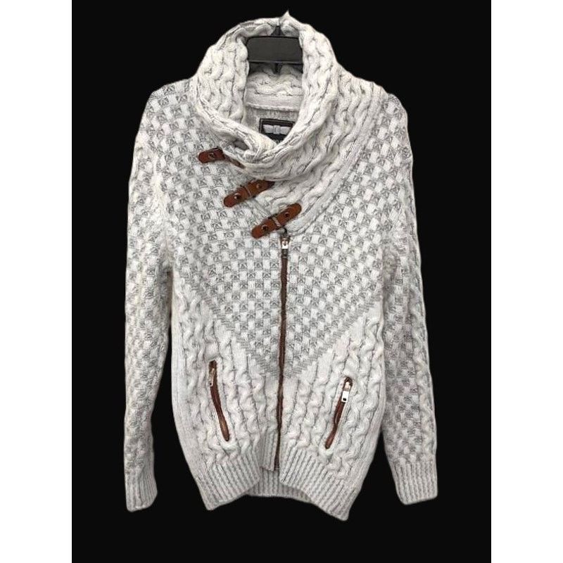 Designer Leif Nelson Ecru Grey Shawl Collar Buckle Strap Cardigan M Size US M / EU 48-50 / 2 - 2 Thumbnail