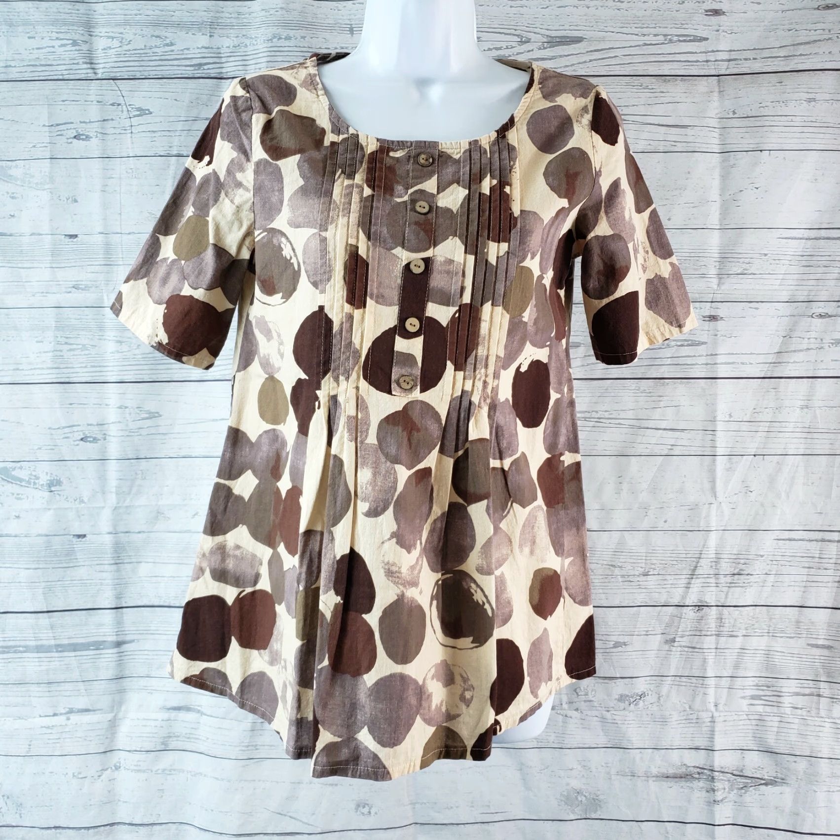 Vintage Cellabie Womens Top XS Brown Beige Short Sleeve Pleated Cotton Blend Blouse Size XS / US 0-2 / IT 36-38 - 2 Thumbnail