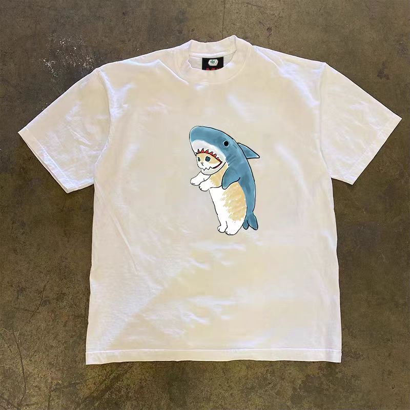 Vintage White casual retro shark cat print t-shirt Size US M / EU 48-50 / 2 - 1 Thumbnail
