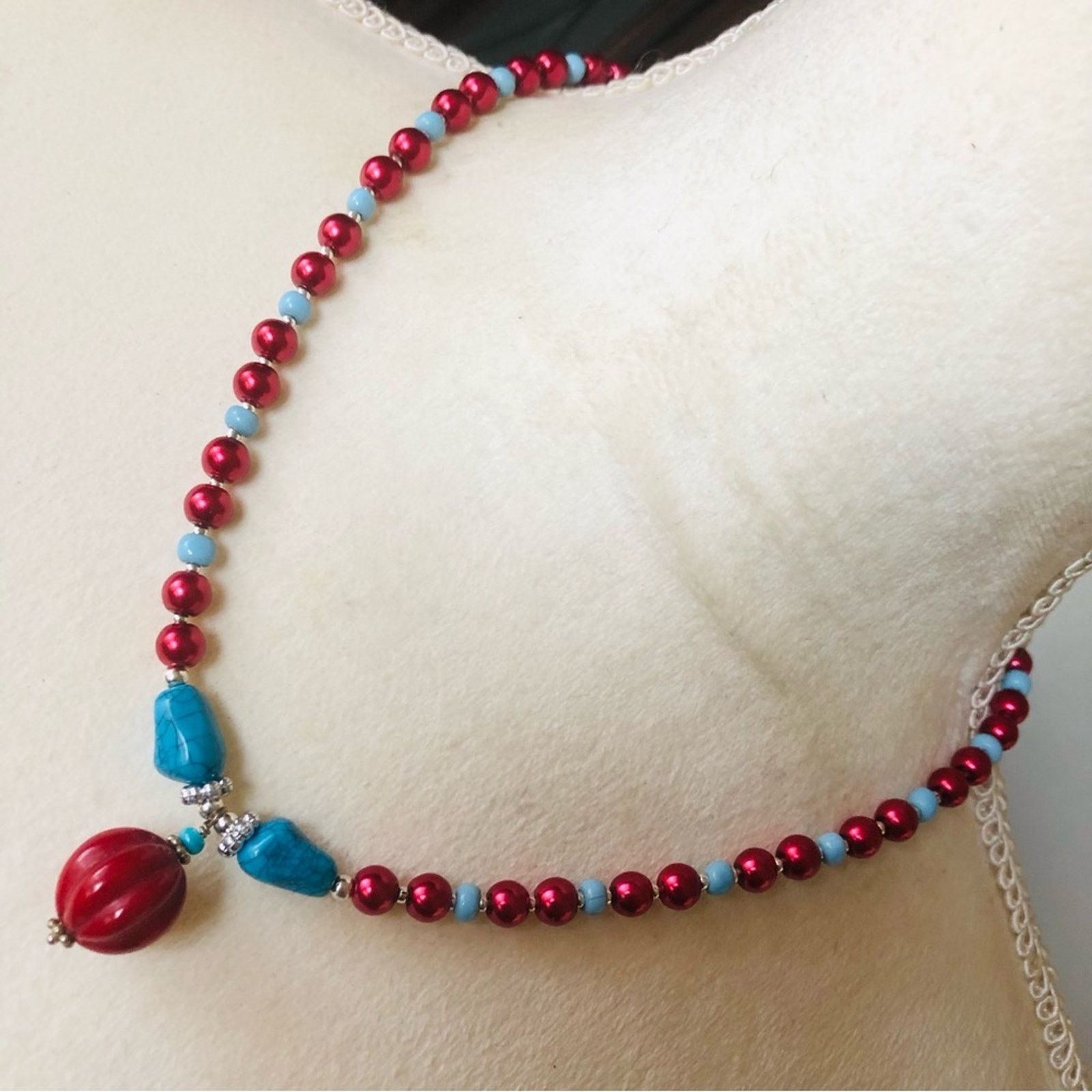 Handmade Handcrafted repurpose carved red coral stone Pearl necklace Size ONE SIZE - 1 Thumbnail