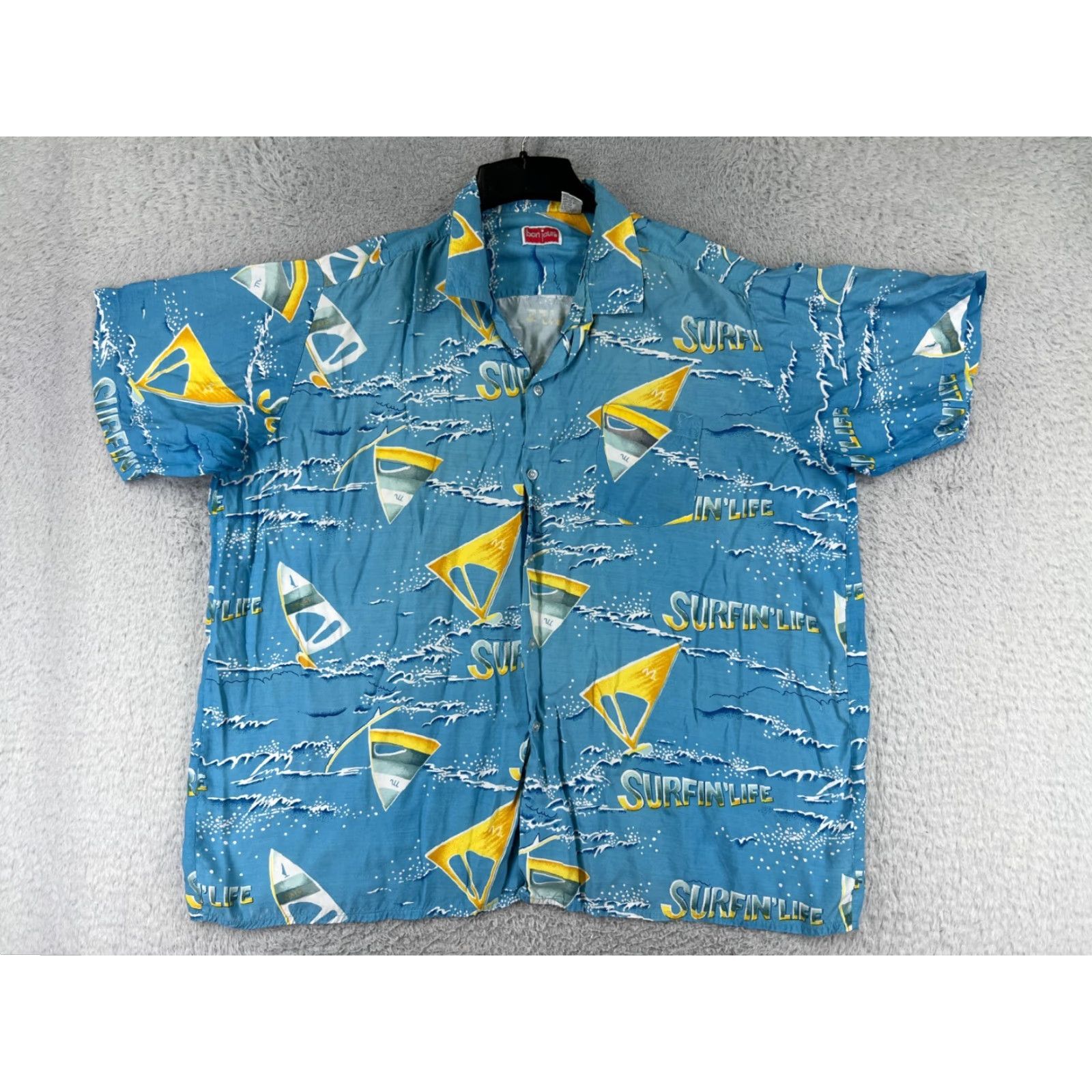 Vintage Bonjour Shirt BonJour Mens Button-Up Hawaiian 3XL Blue Wind Surfer Print Rayon Shirt Mens Hawaiian Beach Luau Aloha Palm 90s? Size US XXL / EU 58 / 5 - 2 Thumbnail