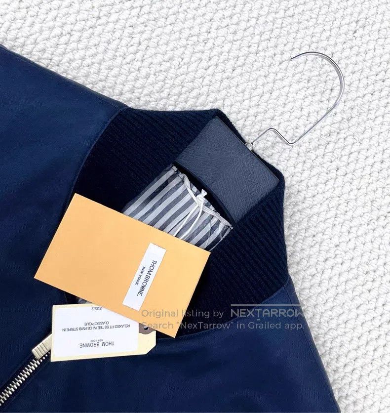 Thom Browne Thom Browne Navy blue leather sleeve baseball jacket Size US M / EU 48-50 / 2 - 3 Thumbnail