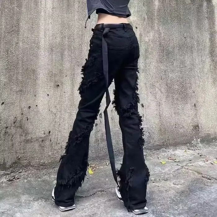 Japanese Brand High Street Ripped Tassel Frayed Black Flare Jeans Size US 30 / EU 46 - 4 Thumbnail