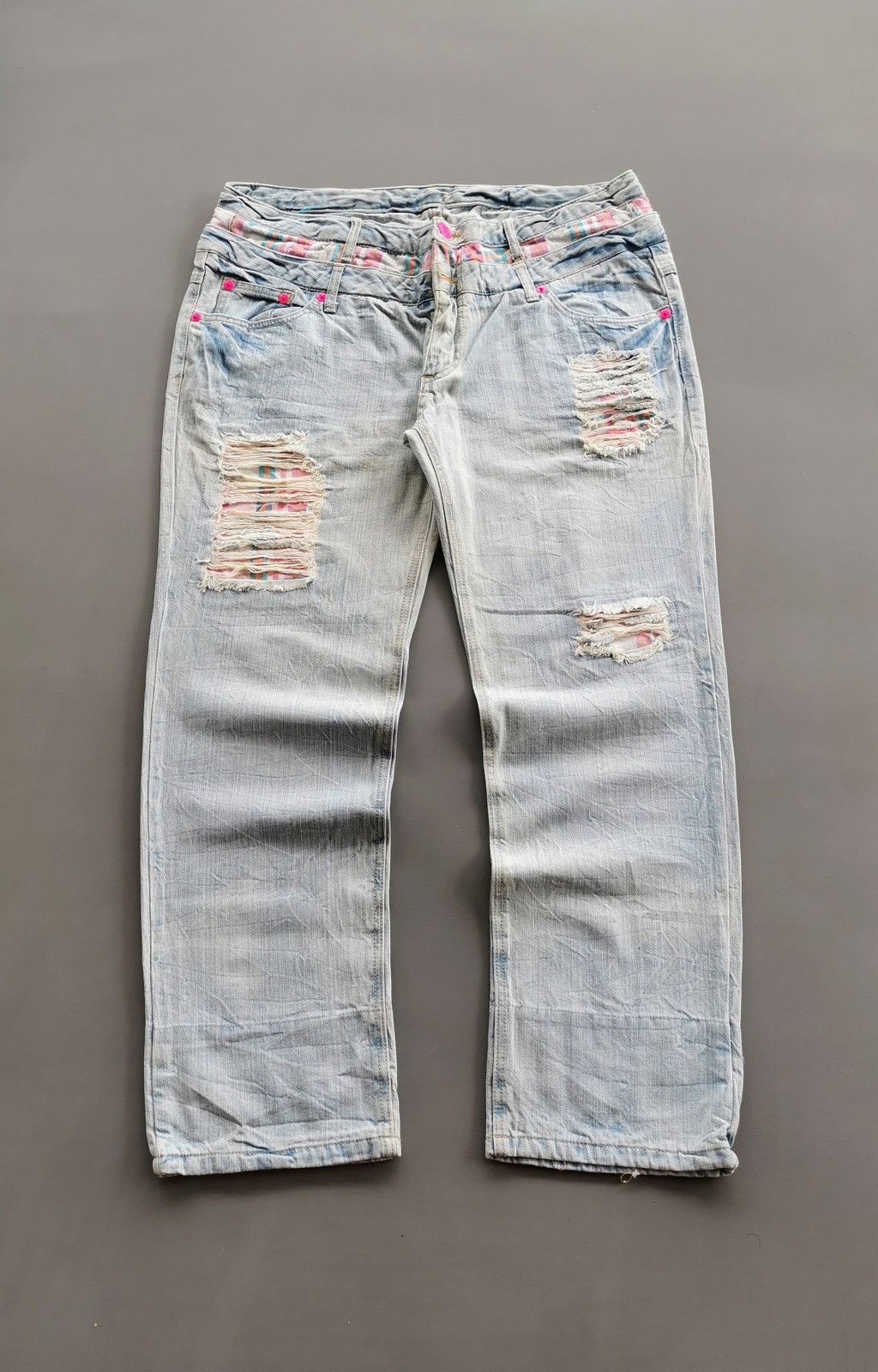 If Six Was Nine Unbrand Double Waist Patchwork Distressed Jeans Size US 37 - 4 Thumbnail