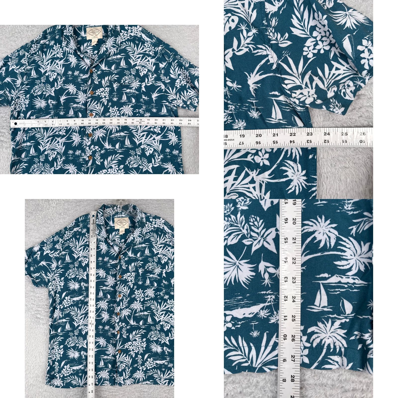 Vintage St. John's Bay Men's Shirt XL Blue Floral Palm Sailboat Hawaiian 100% Rayon Button-Up Short Sleeve Size US XL / EU 56 / 4 - 8 Thumbnail