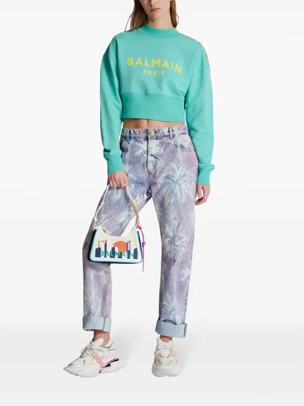 Balmain o1s1wg110825 Logo Print Cropped Sweatshirt in Blue Size M / US 6-8 / IT 42-44 - 2 Thumbnail